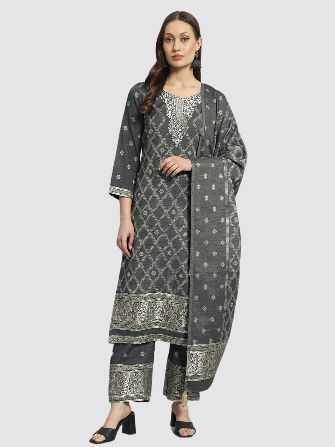     			SAFAA Unstitched Woollen Self Design Dress Material - Grey ( Pack of 1 )