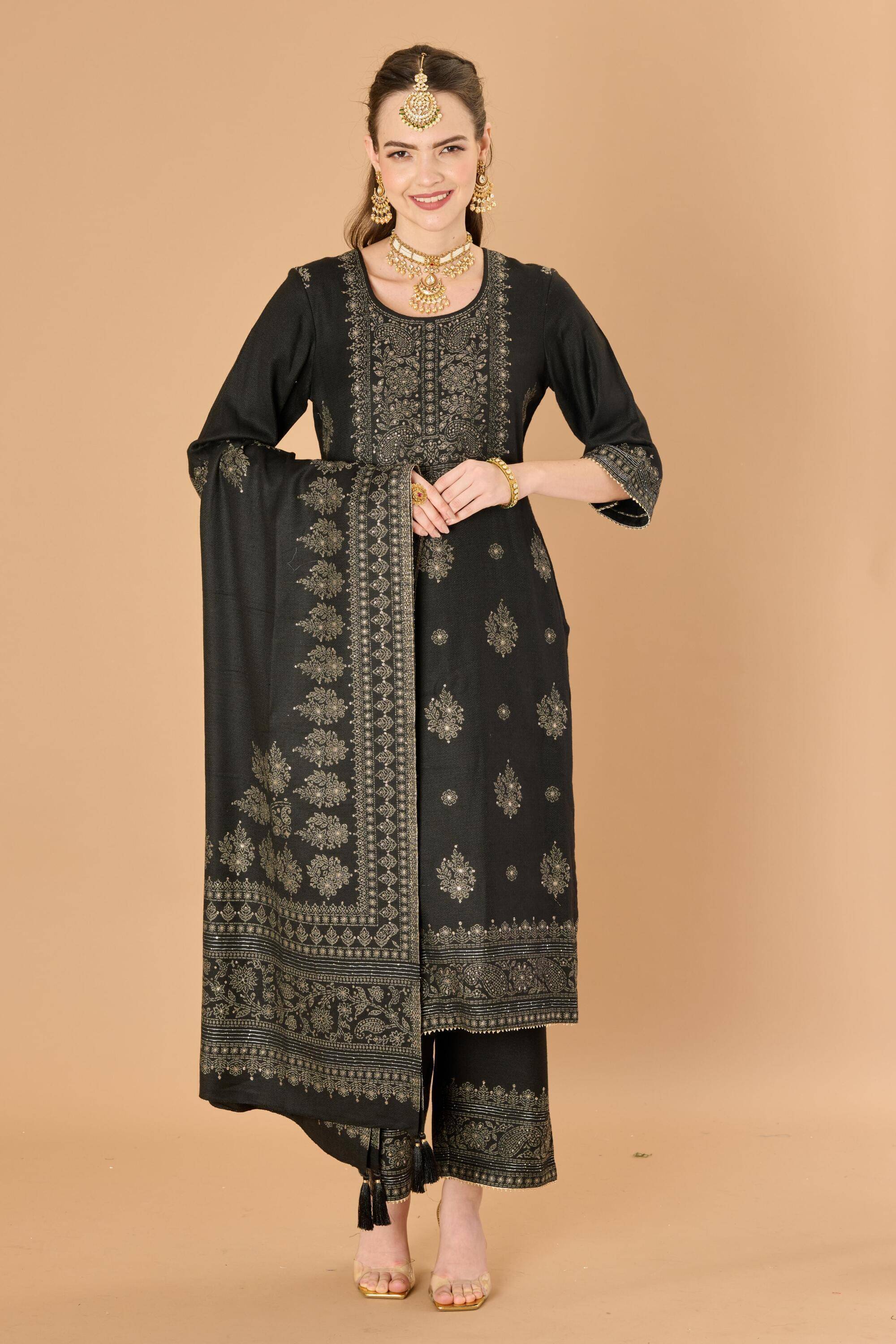 SAFAA Unstitched Woollen Self Design Dress Material - Black ( Pack of 1 ) SAFAA Unstitched Woollen Self Design Dress Material - Black ( Pack of 1 )