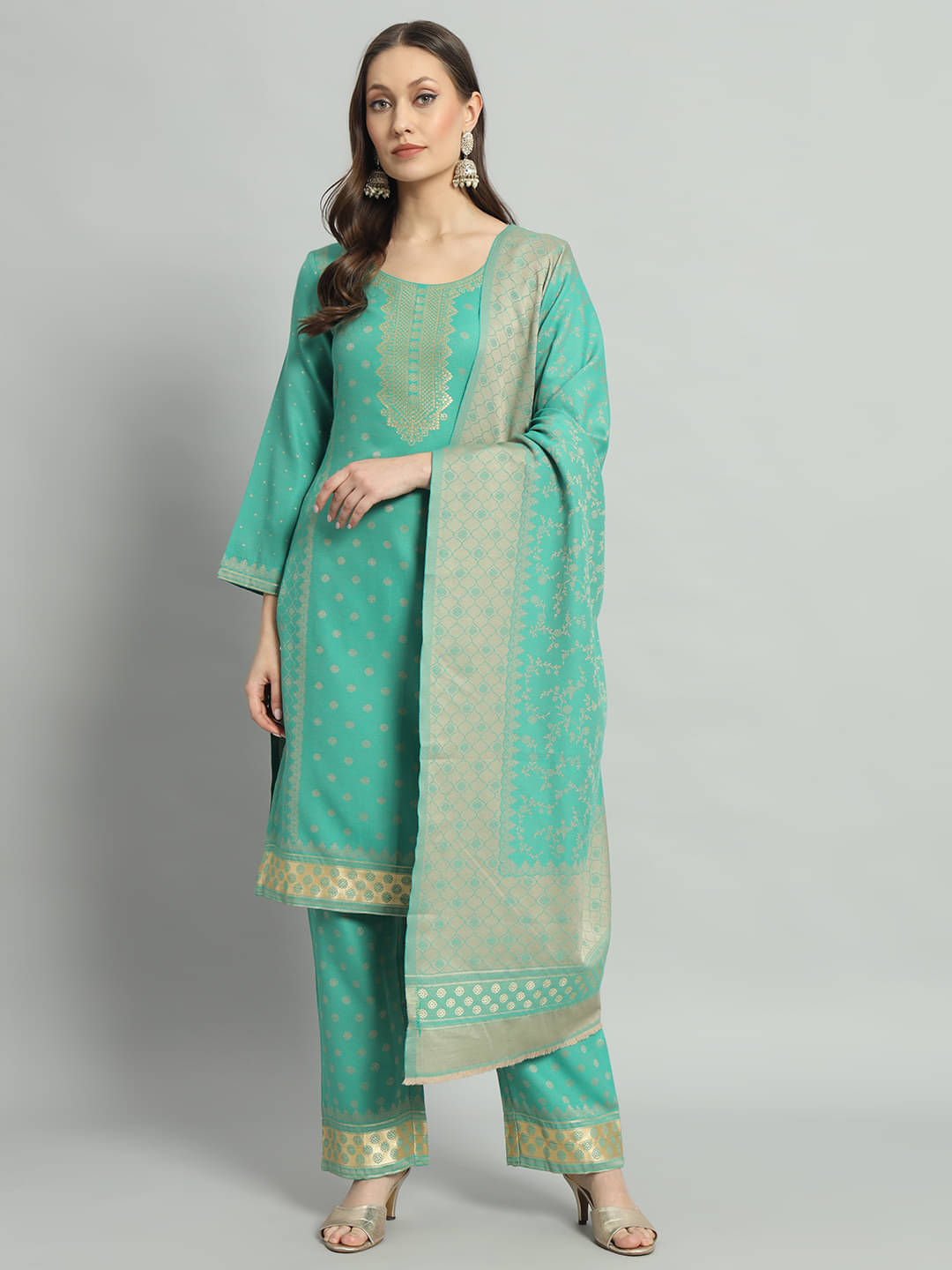     			SAFAA Unstitched Woollen Self Design Dress Material - Green ( Pack of 1 )