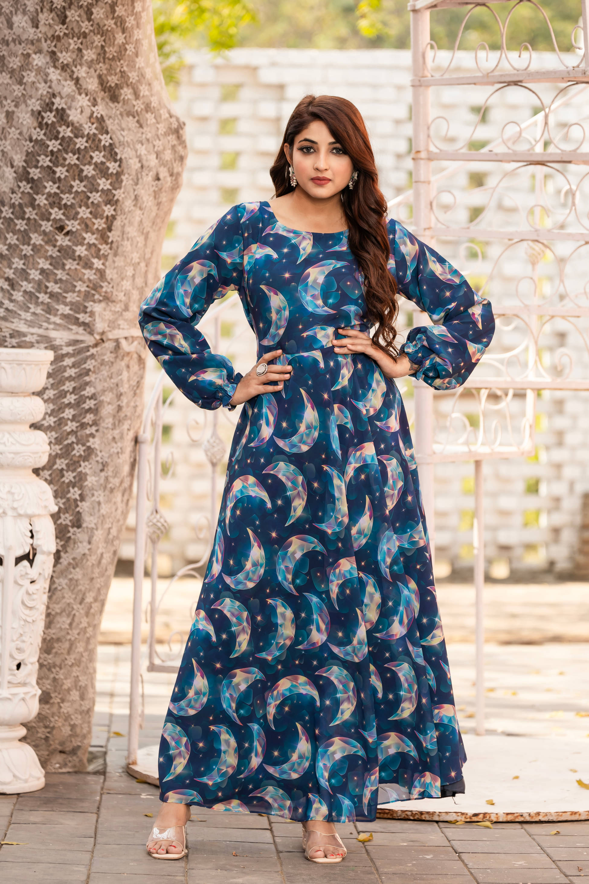 SARINKU Blue Flared Georgette Women's Stitched Ethnic Gown ( Pack of 1 )     			SARINKU Blue Flared Georgette Women's Stitched Ethnic Gown ( Pack of 1 )