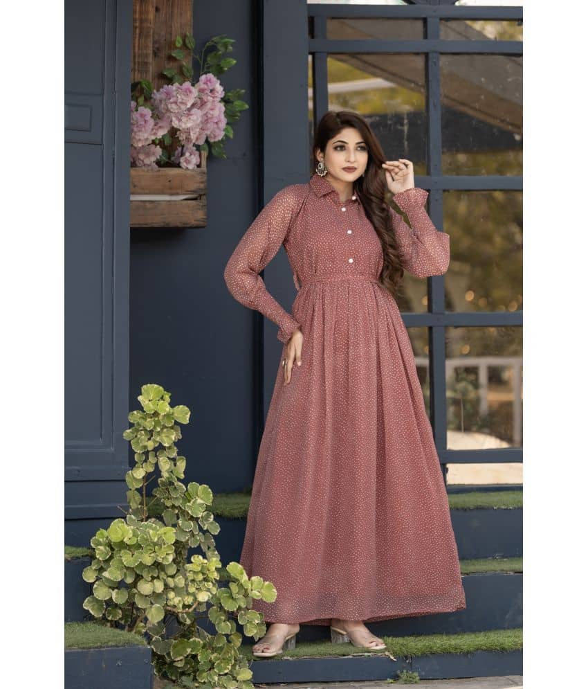 SARINKU Peach Flared Georgette Women's Stitched Ethnic Gown ( Pack of 1 )