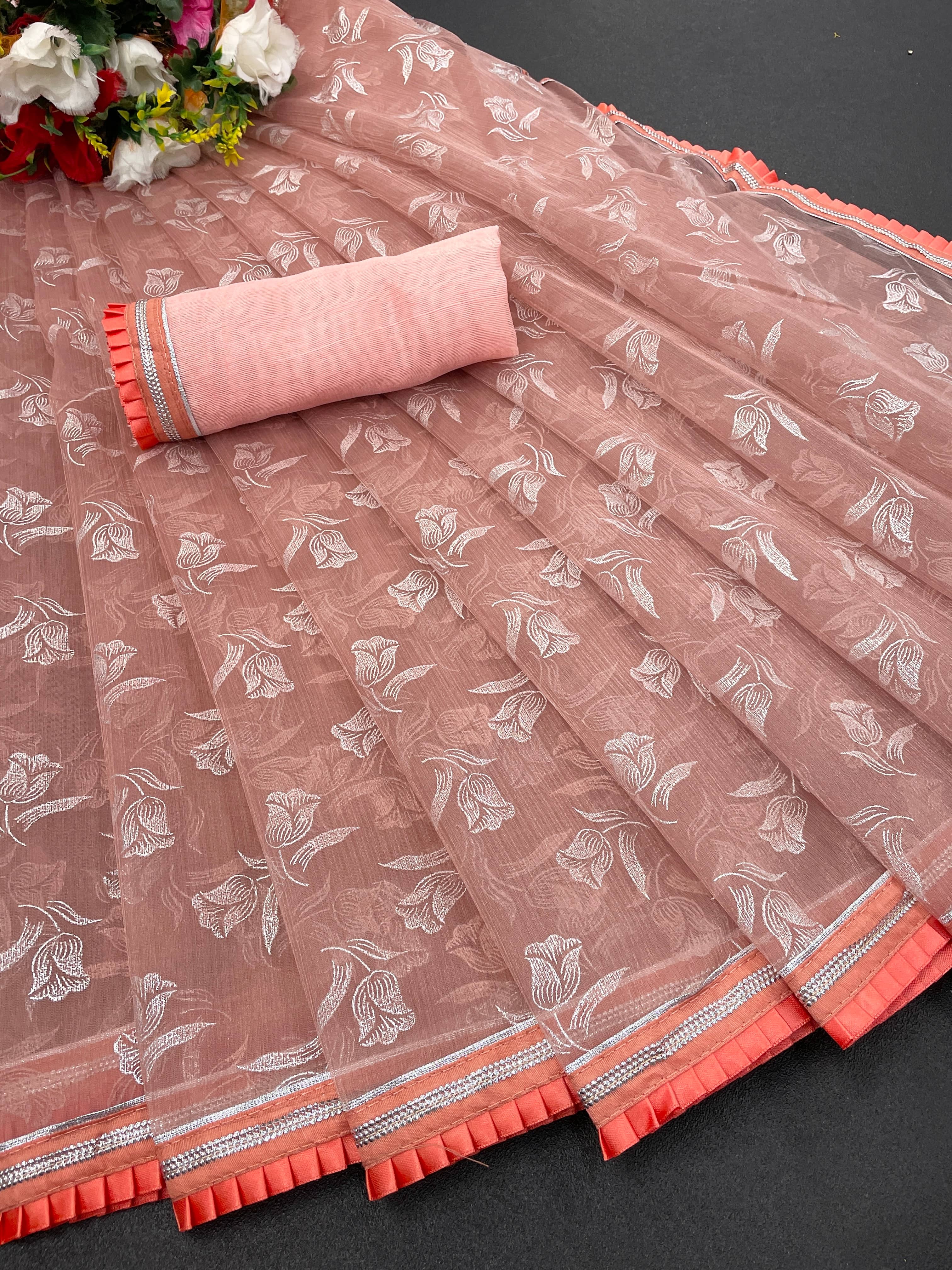 Shree Gullak Silk Lycra Printed Saree With Unstitched Blouse Piece ( Peach )