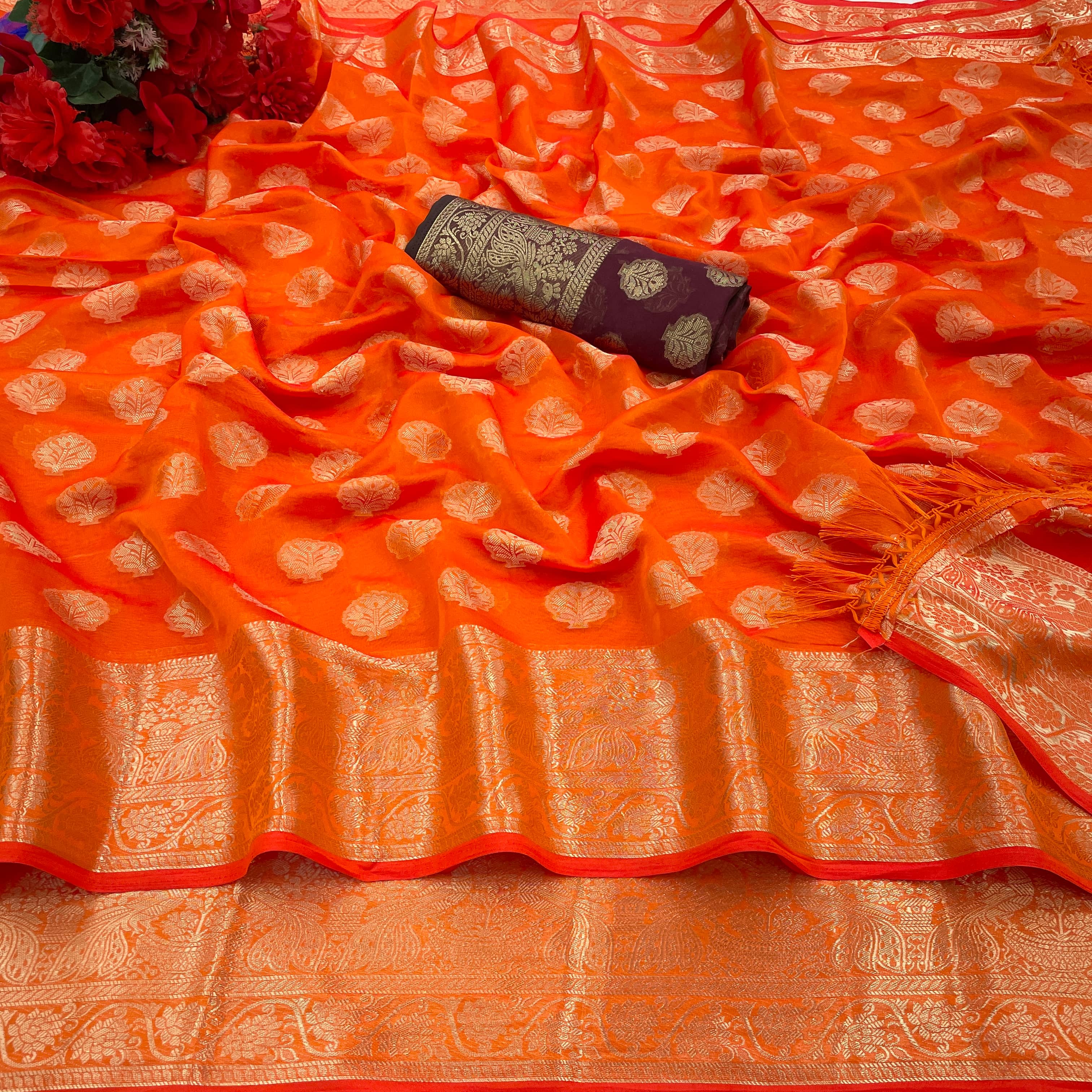 Shree Gullak Silk Jacquard Self Design Saree With Unstitched Blouse Piece ( Orange ) - Sarees | Buy online on ZillyBuy