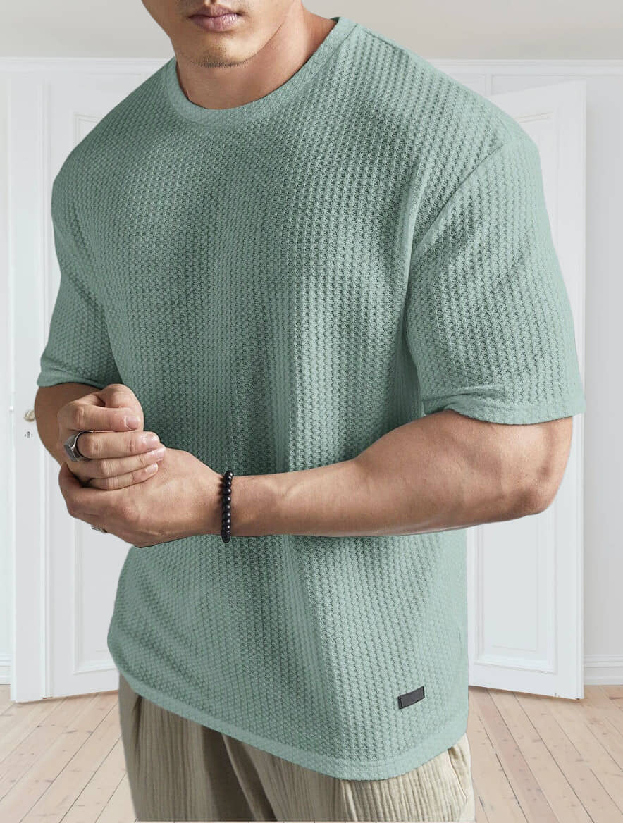 TAZO Cotton Blend Oversized Fit Self Design Half Sleeves Men's Round T-Shirt - Green ( Pack of 1 )
