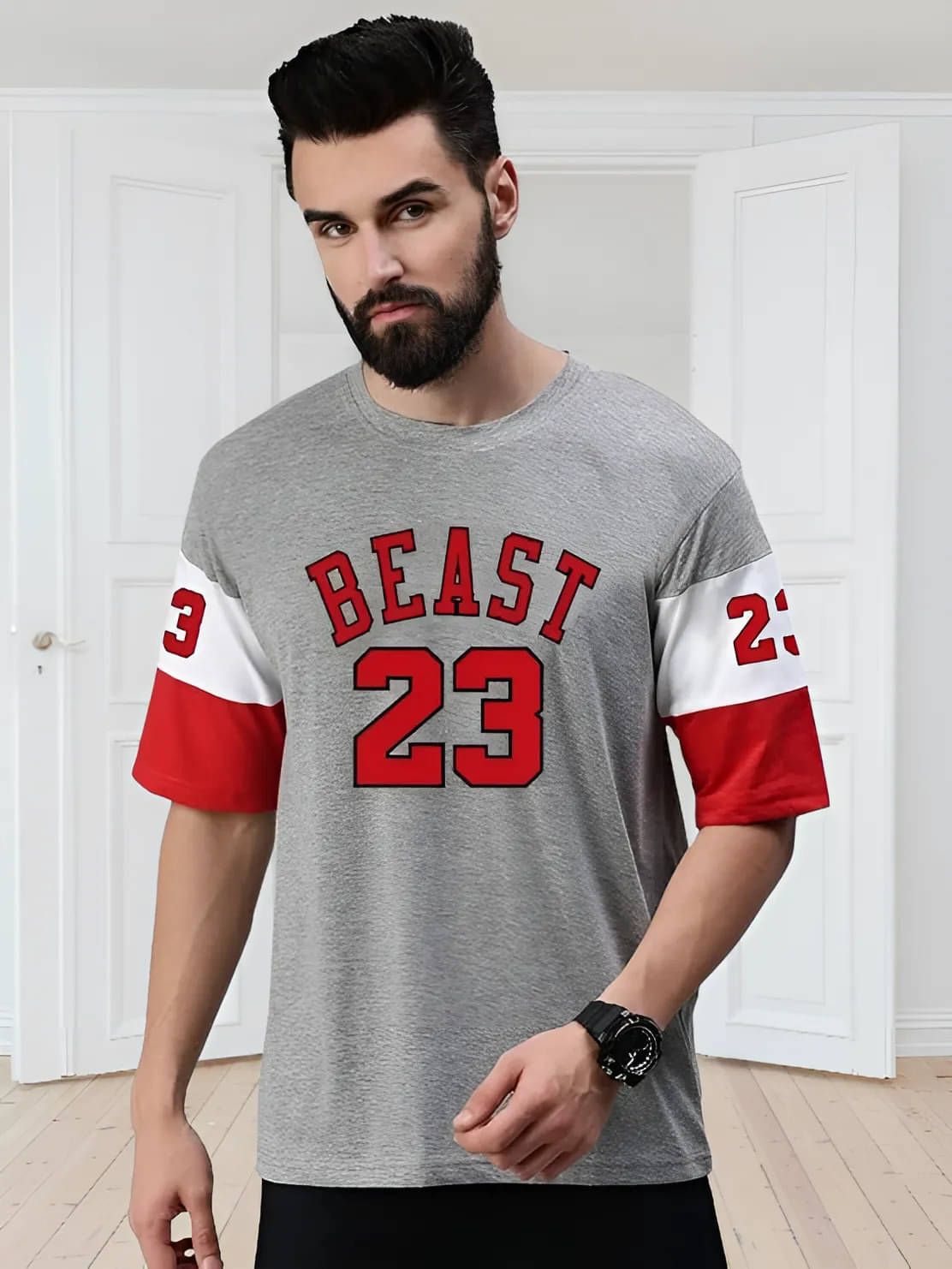     			TAZO Cotton Blend Oversized Fit Printed 3/4th Sleeves Men's Round T-Shirt - Grey ( Pack of 1 )