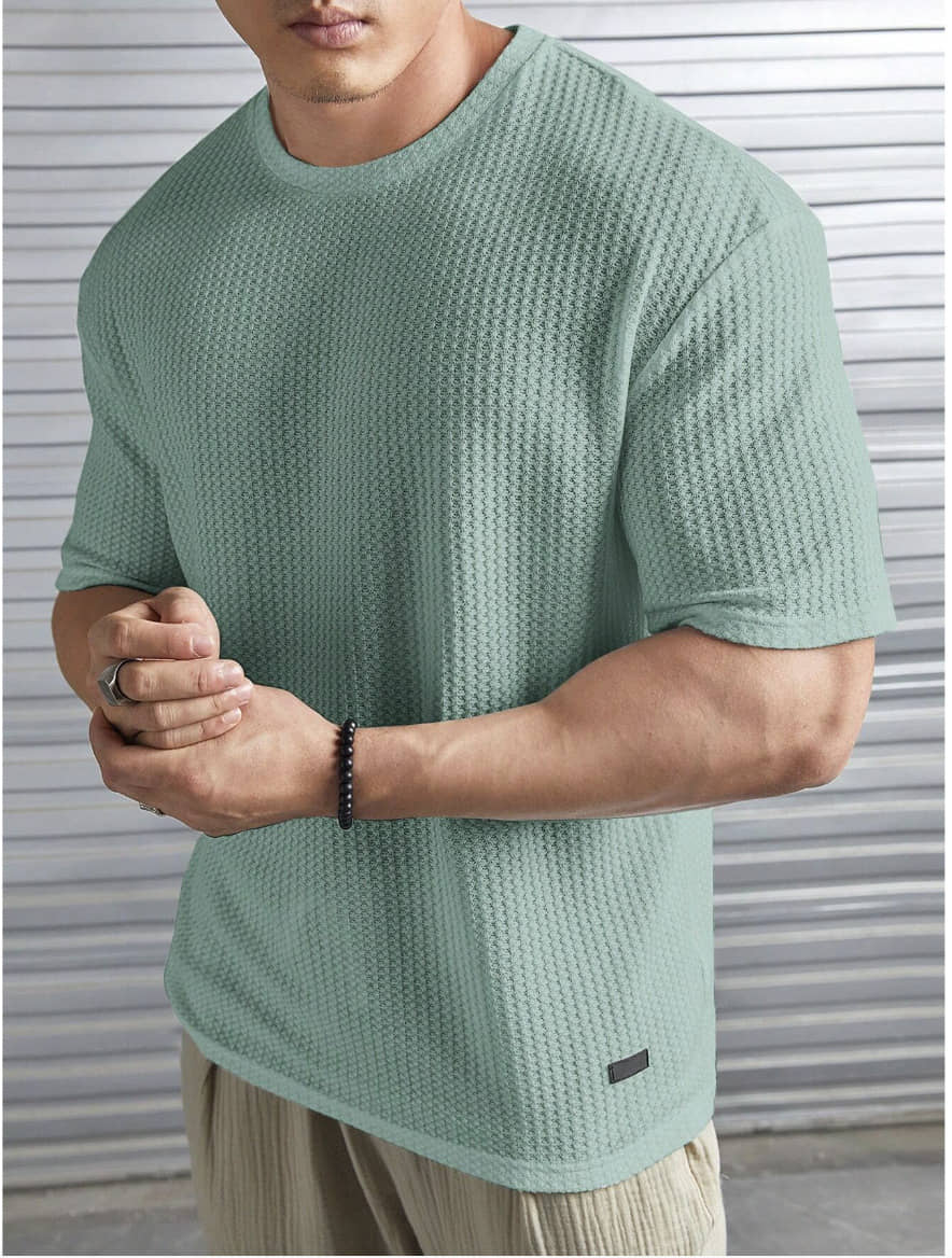 TAZO Cotton Blend Oversized Fit Self Design Half Sleeves Men's Round T-Shirt - Light Green ( Pack of 1 )