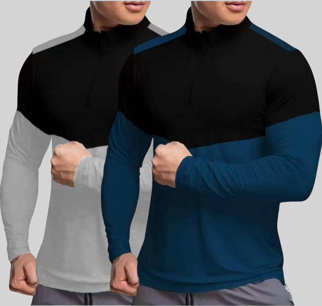 TAZO Cotton Blend Regular Fit Colorblock Full Sleeves Men's High Neck T-Shirt - Grey ( Pack of 2 )     			TAZO Cotton Blend Regular Fit Colorblock Full Sleeves Men's High Neck T-Shirt - Grey ( Pack of 2 )