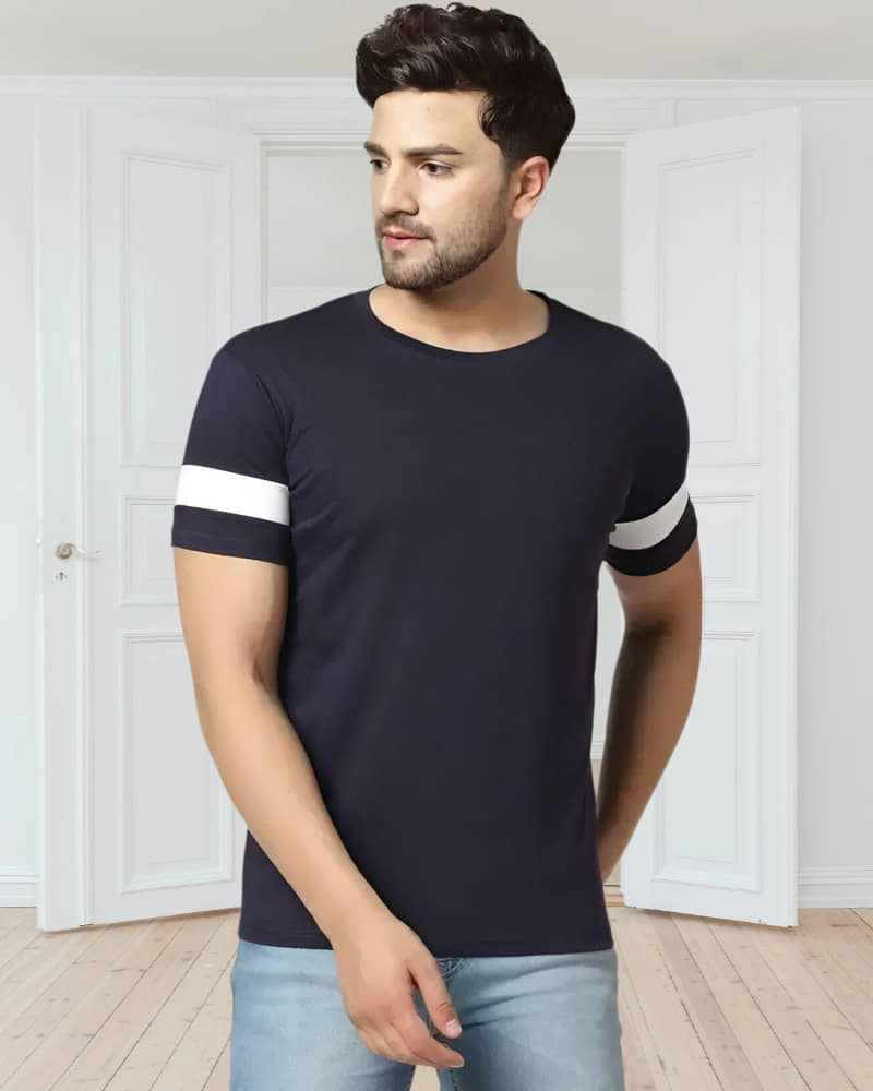 TAZO Cotton Blend Regular Fit Solid Half Sleeves Men's Round T-Shirt - Blue ( Pack of 1 )