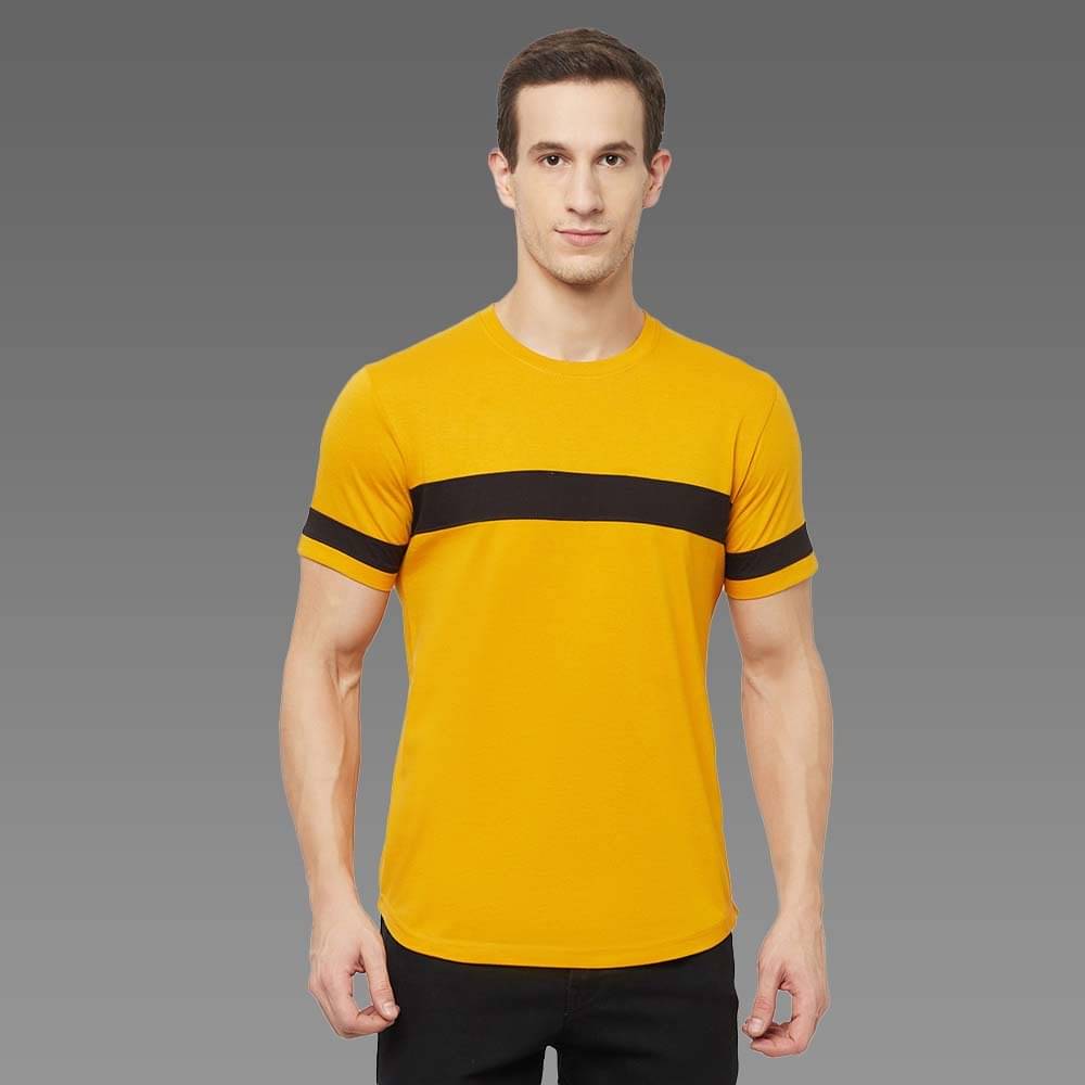 TAZO Cotton Blend Regular Fit Colorblock Half Sleeves Men's Round T-Shirt - Gold ( Pack of 1 ) TAZO Cotton Blend Regular Fit Colorblock Half Sleeves Men's Round T-Shirt - Gold ( Pack of 1 )