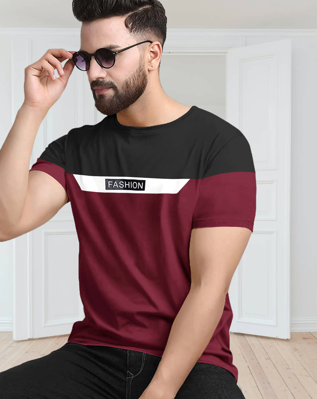 TAZO Cotton Blend Regular Fit Colorblock Half Sleeves Men's Round T-Shirt - Maroon ( Pack of 1 ) TAZO Cotton Blend Regular Fit Colorblock Half Sleeves Men's Round T-Shirt - Maroon ( Pack of 1 )
