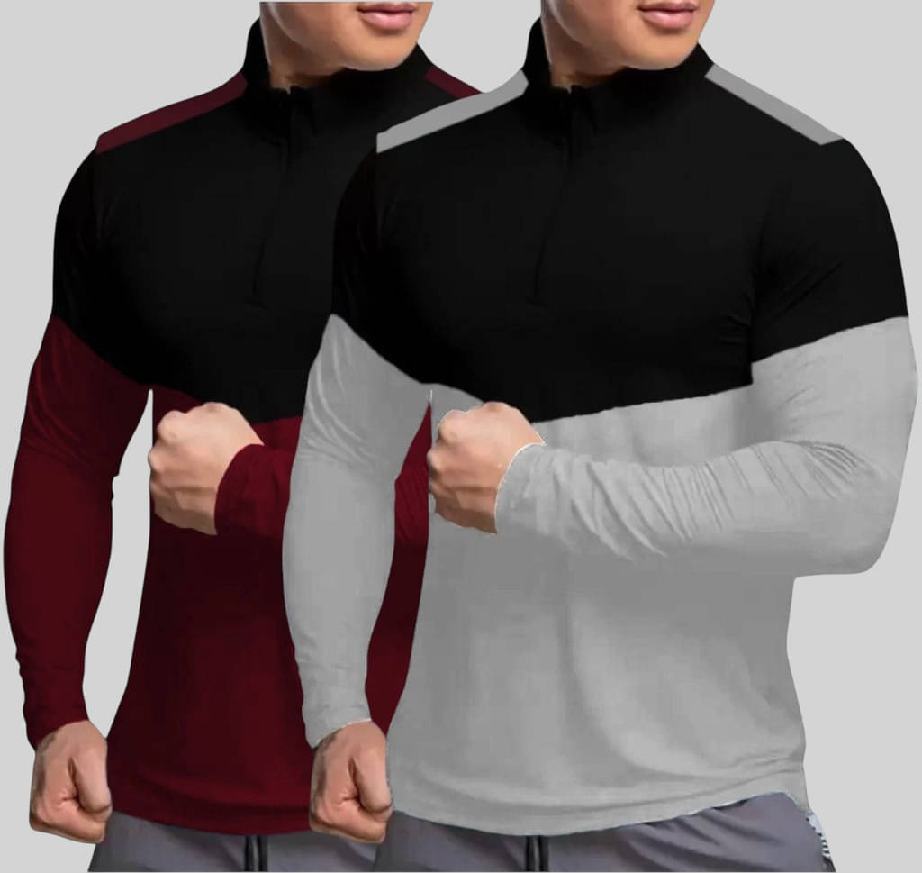 TAZO Cotton Blend Regular Fit Colorblock Full Sleeves Men's High Neck T-Shirt - Maroon ( Pack of 2 ) TAZO Cotton Blend Regular Fit Colorblock Full Sleeves Men's High Neck T-Shirt - Maroon ( Pack of 2 )