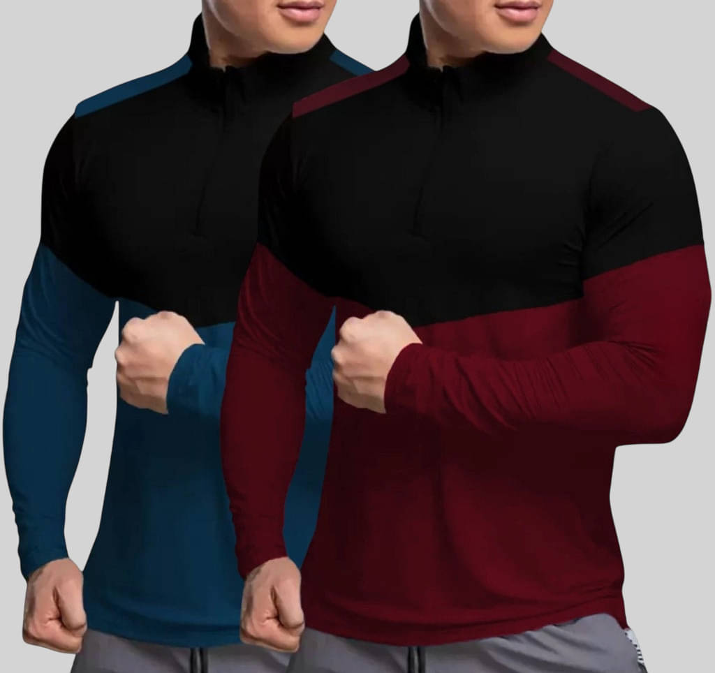 TAZO Cotton Blend Regular Fit Colorblock Full Sleeves Men's High Neck T-Shirt - Blue ( Pack of 2 ) TAZO Cotton Blend Regular Fit Colorblock Full Sleeves Men's High Neck T-Shirt - Blue ( Pack of 2 )