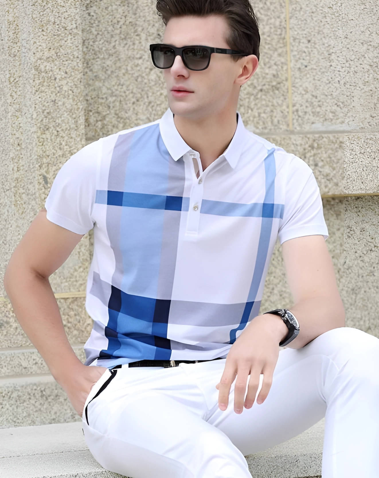     			TAZO Pack of 1 Cotton Blend Regular Fit Checks Half Sleeves Men's Polo T Shirt ( Blue )
