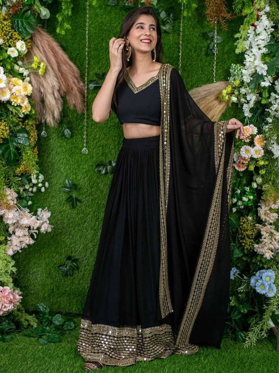     			Trijal Fab Black Georgette A-line Semi Stitched Lehenga Single