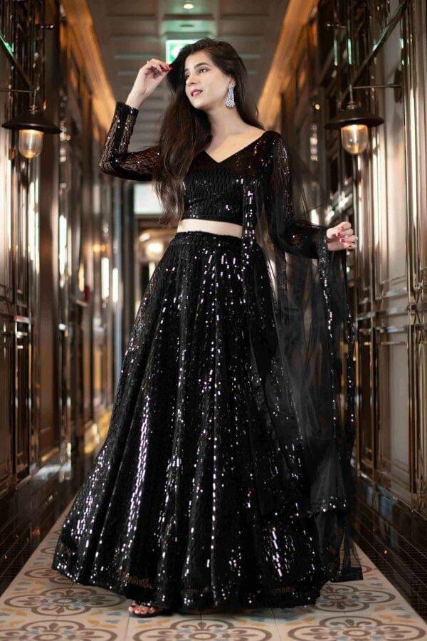     			Trijal Fab Black Net A-line Semi Stitched Lehenga Single