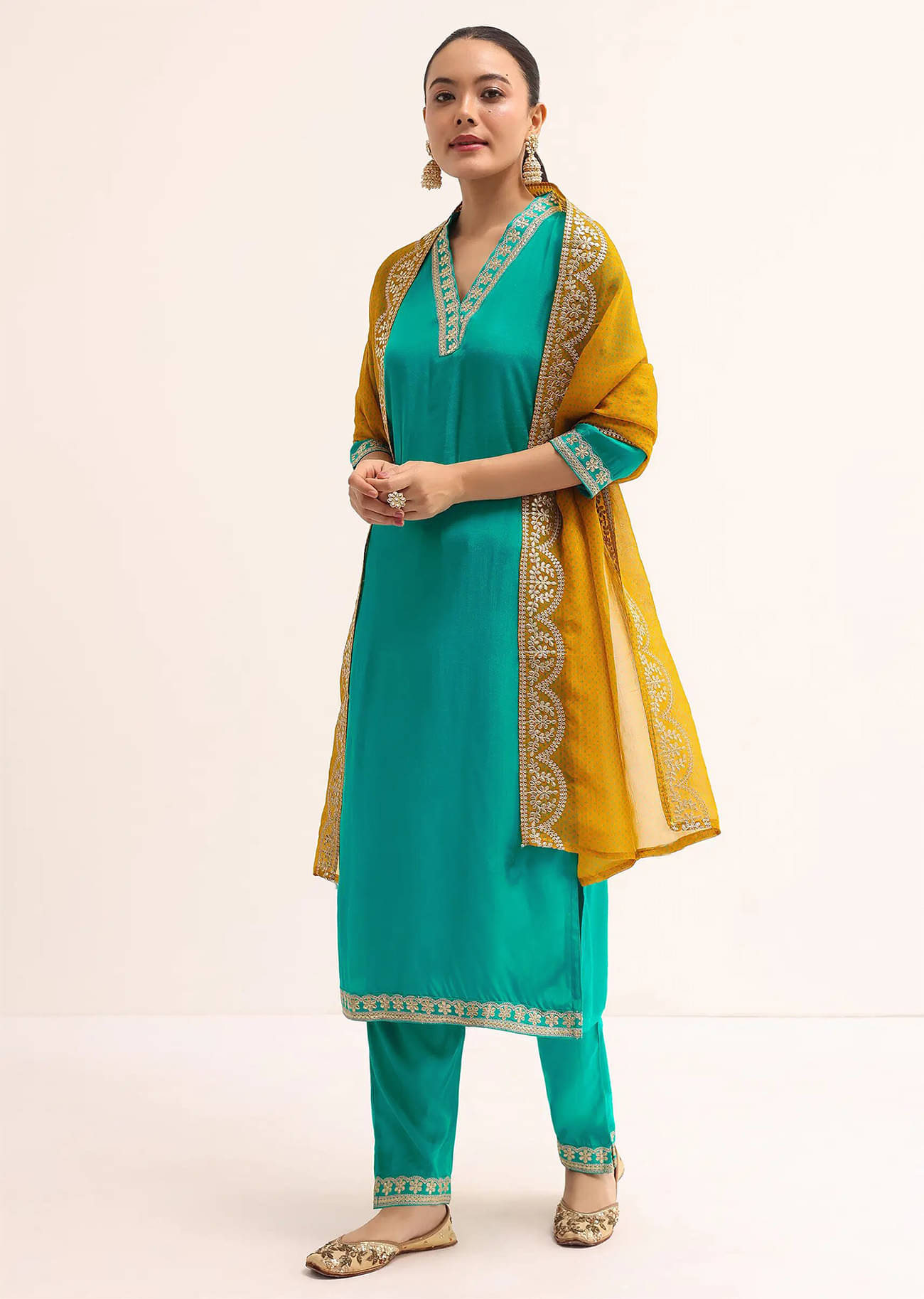     			Trijal Fab Cotton Silk Embroidered Kurti With Pants Women's Stitched Salwar Suit - Teal ( Pack of 1 )