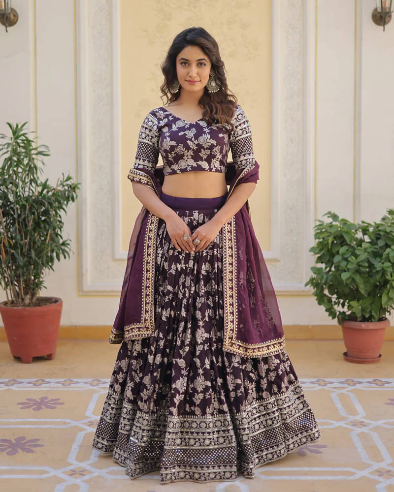 Trijal Fab Purple Georgette Circular Semi Stitched Lehenga Single Trijal Fab Purple Georgette Circular Semi Stitched Lehenga Single