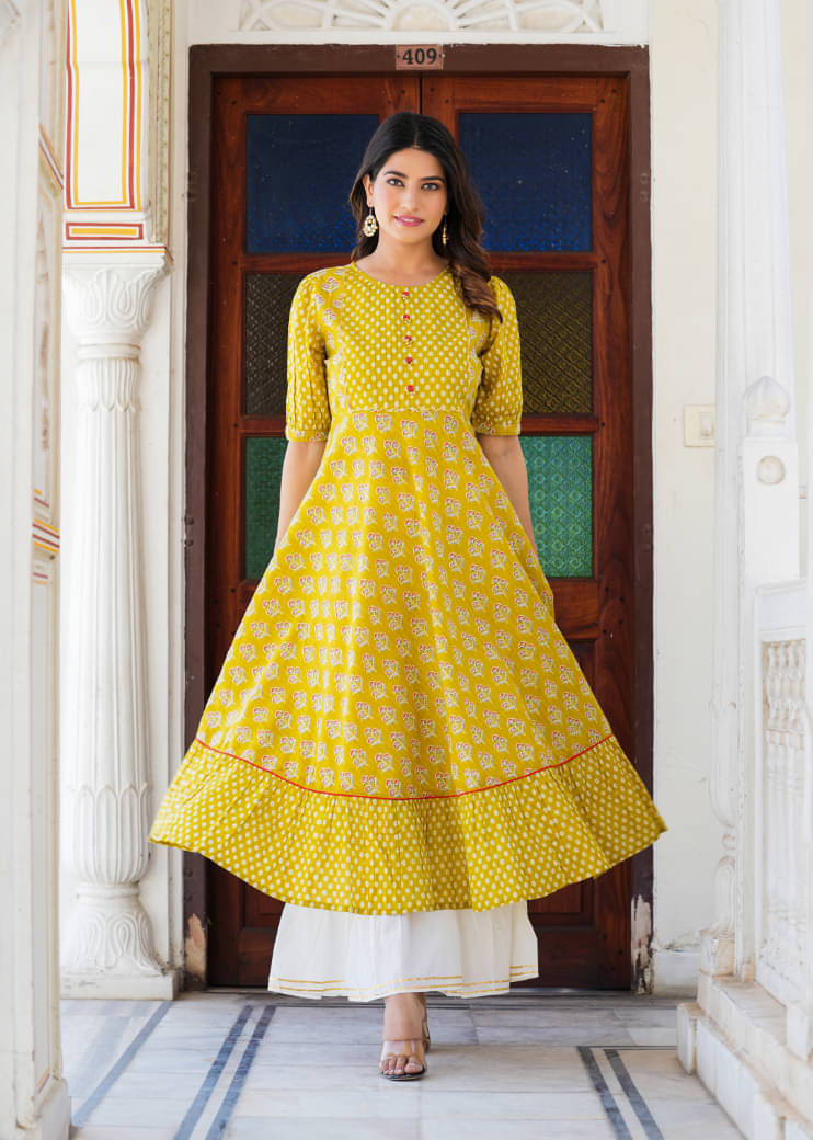 Yash Gallery Pack of 1 Cotton Printed Anarkali Women's Kurti - ( Mustard ) Yash Gallery Pack of 1 Cotton Printed Anarkali Women's Kurti - ( Mustard )