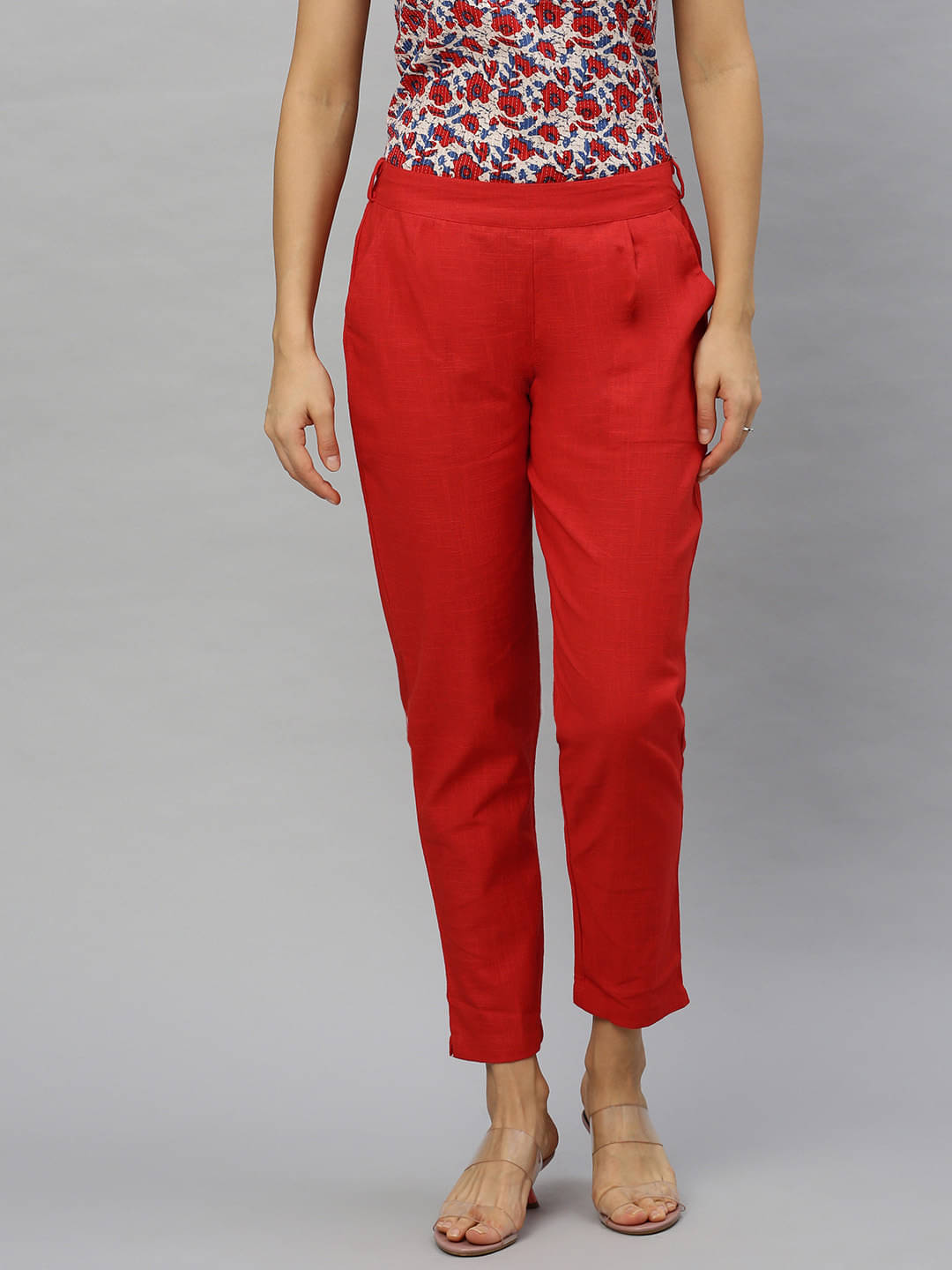     			Yash Gallery Pack of 1 Cotton Straight Women's Casual Pants ( Red )