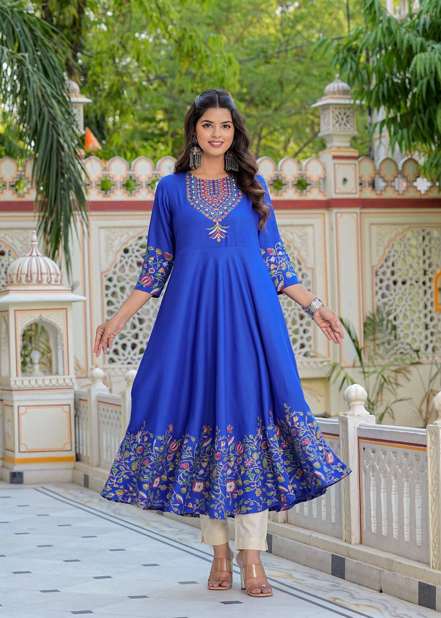Yash Gallery Pack of 1 Rayon Printed Anarkali Women's Kurti - ( Blue ) Yash Gallery Pack of 1 Rayon Printed Anarkali Women's Kurti - ( Blue )