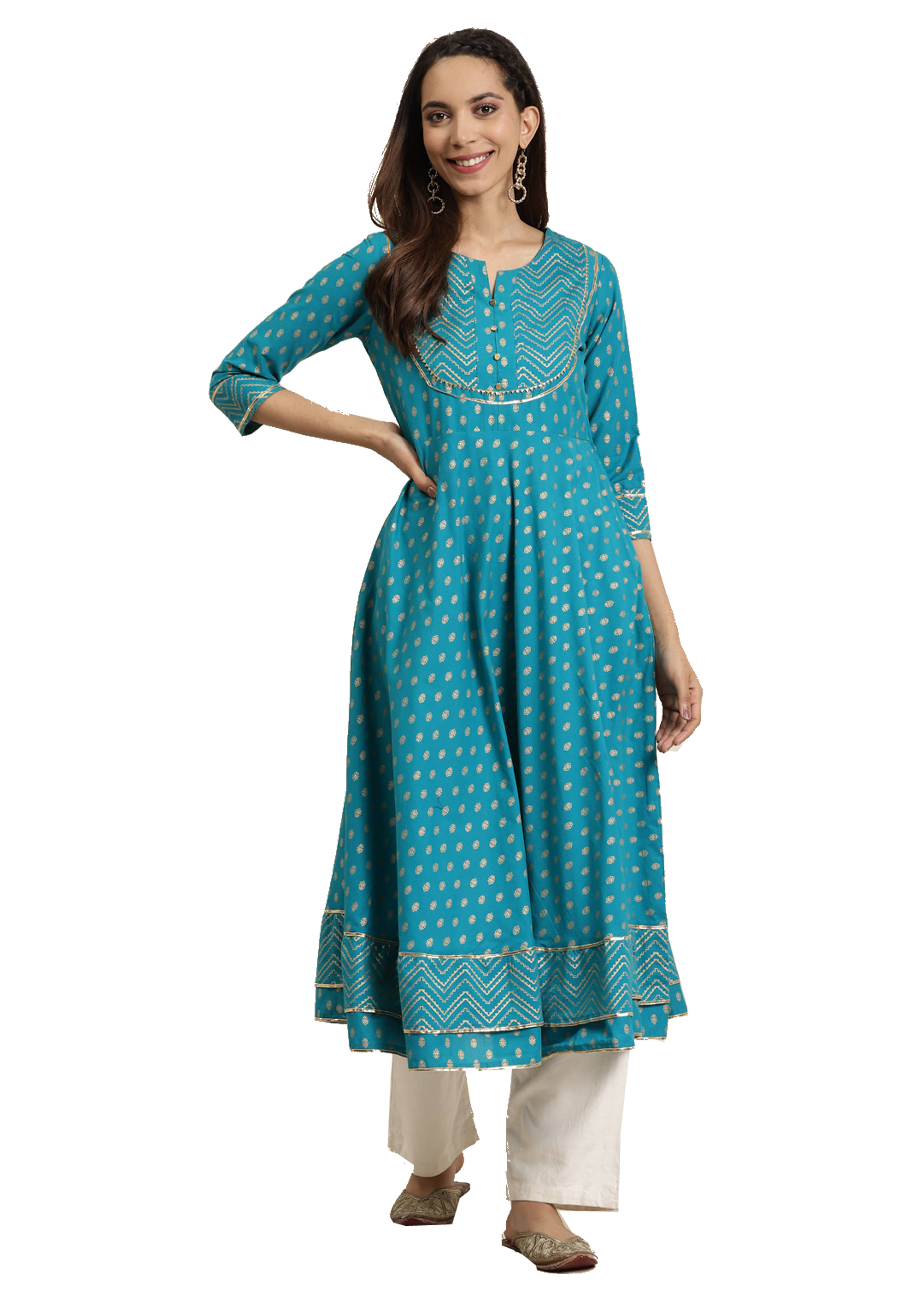 Yash Gallery Pack of 1 Cotton Blend Printed Anarkali Women's Kurti - ( Teal )     			Yash Gallery Pack of 1 Cotton Blend Printed Anarkali Women's Kurti - ( Teal )
