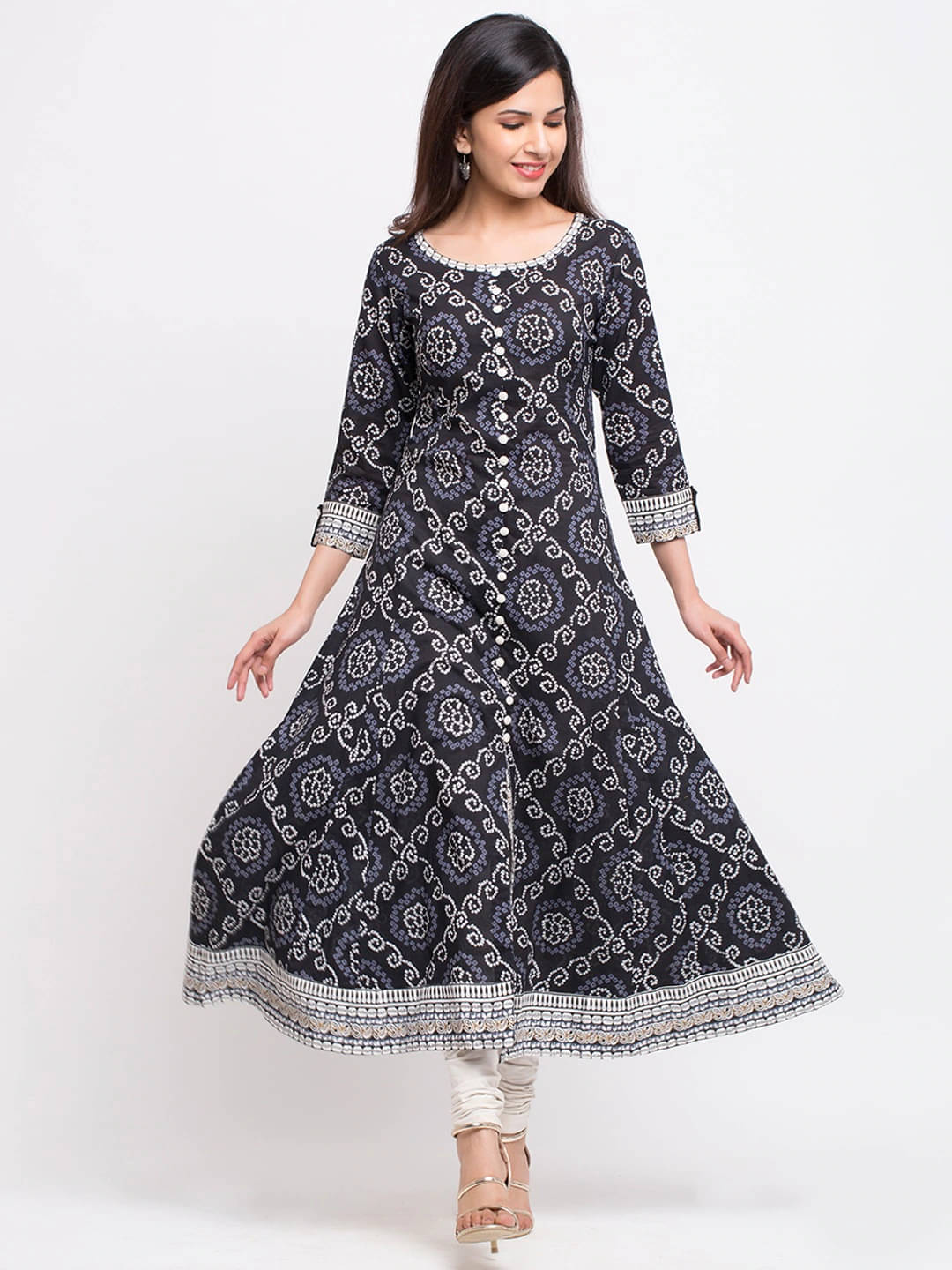 Yash Gallery Pack of 1 Cotton Printed Anarkali Women's Kurti - ( Black ) Yash Gallery Pack of 1 Cotton Printed Anarkali Women's Kurti - ( Black )