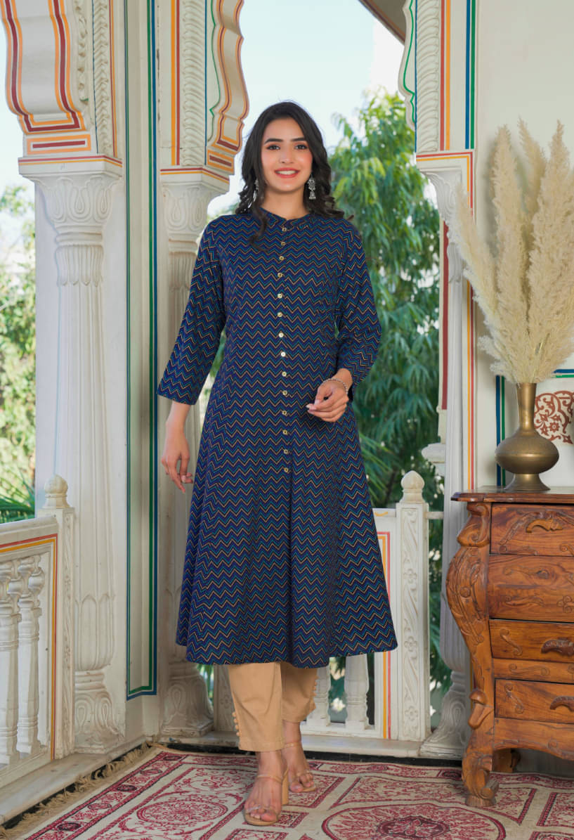 Yash Gallery Pack of 1 Rayon Printed Anarkali Women's Kurti - ( Blue ) Yash Gallery Pack of 1 Rayon Printed Anarkali Women's Kurti - ( Blue )