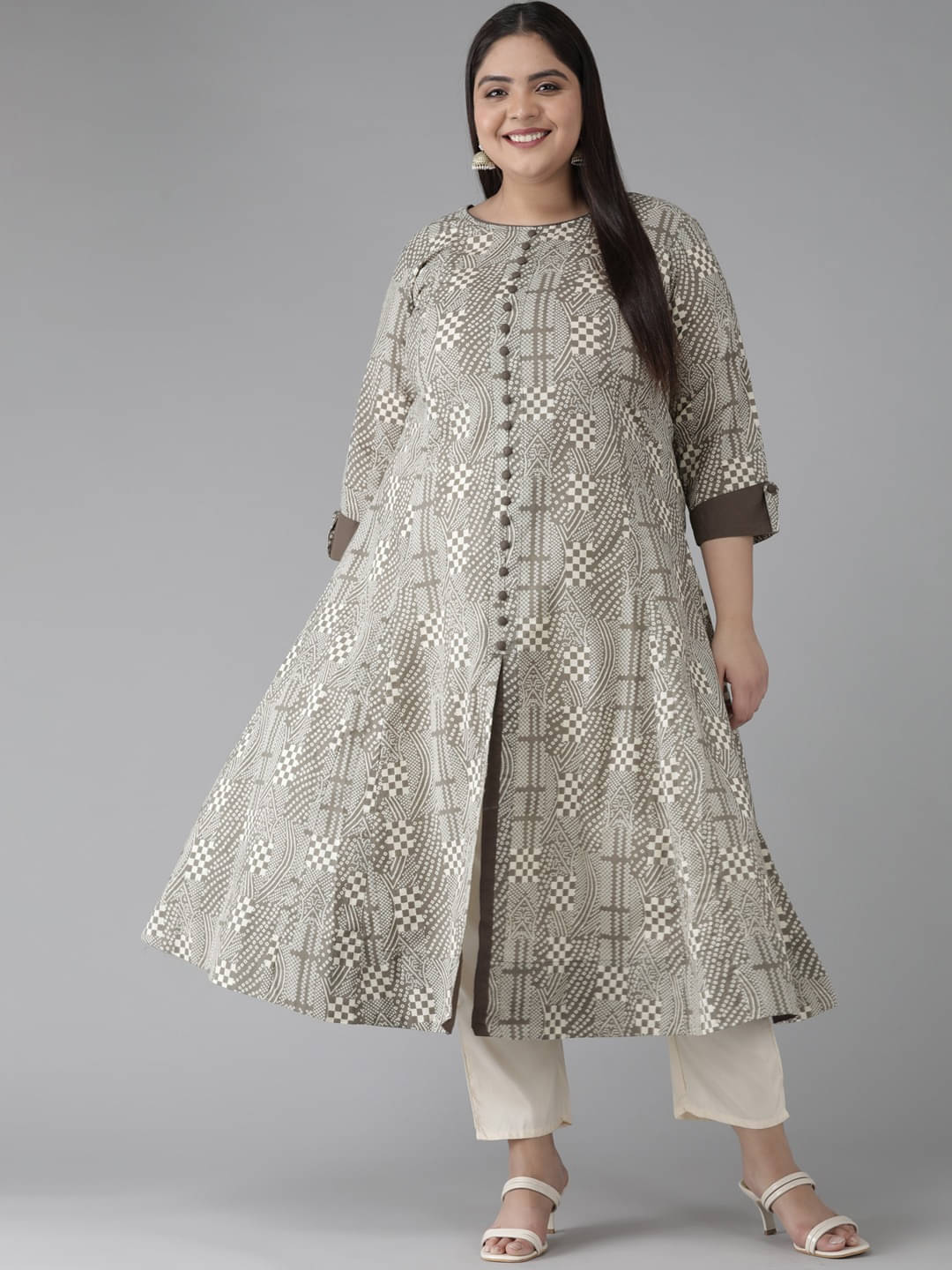 Yash Gallery Pack of 1 Cotton Printed Anarkali Women's Kurti - ( Grey ) Yash Gallery Pack of 1 Cotton Printed Anarkali Women's Kurti - ( Grey )