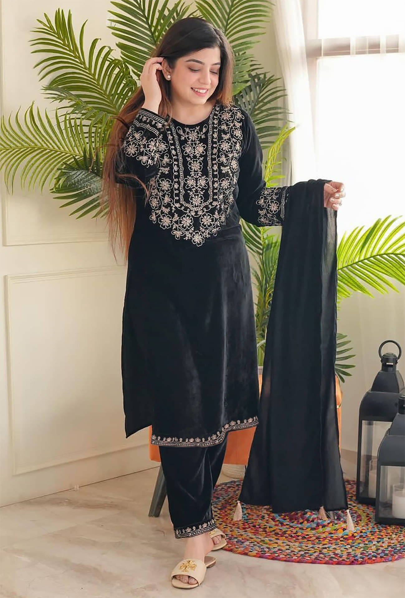 kedar fab Velvet Embroidered Kurti With Pants Women's Stitched Salwar Suit - Black ( Pack of 1 )     			kedar fab Velvet Embroidered Kurti With Pants Women's Stitched Salwar Suit - Black ( Pack of 1 )