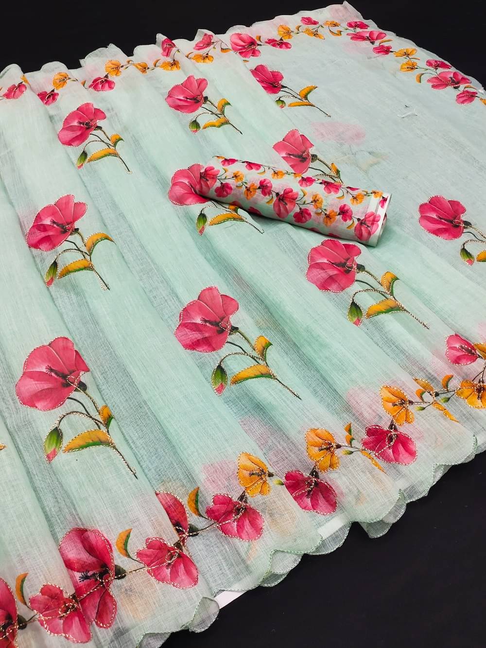 supalee Tex Linen Printed Saree With Unstitched Blouse Piece ( Light Green ) supalee Tex Linen Printed Saree With Unstitched Blouse Piece ( Light Green )