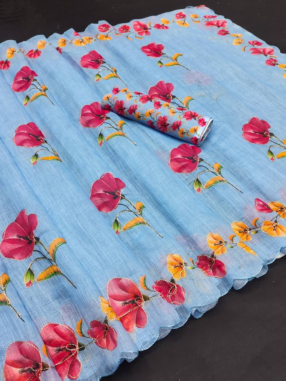     			supalee Tex Linen Printed Saree With Unstitched Blouse Piece ( SkyBlue )