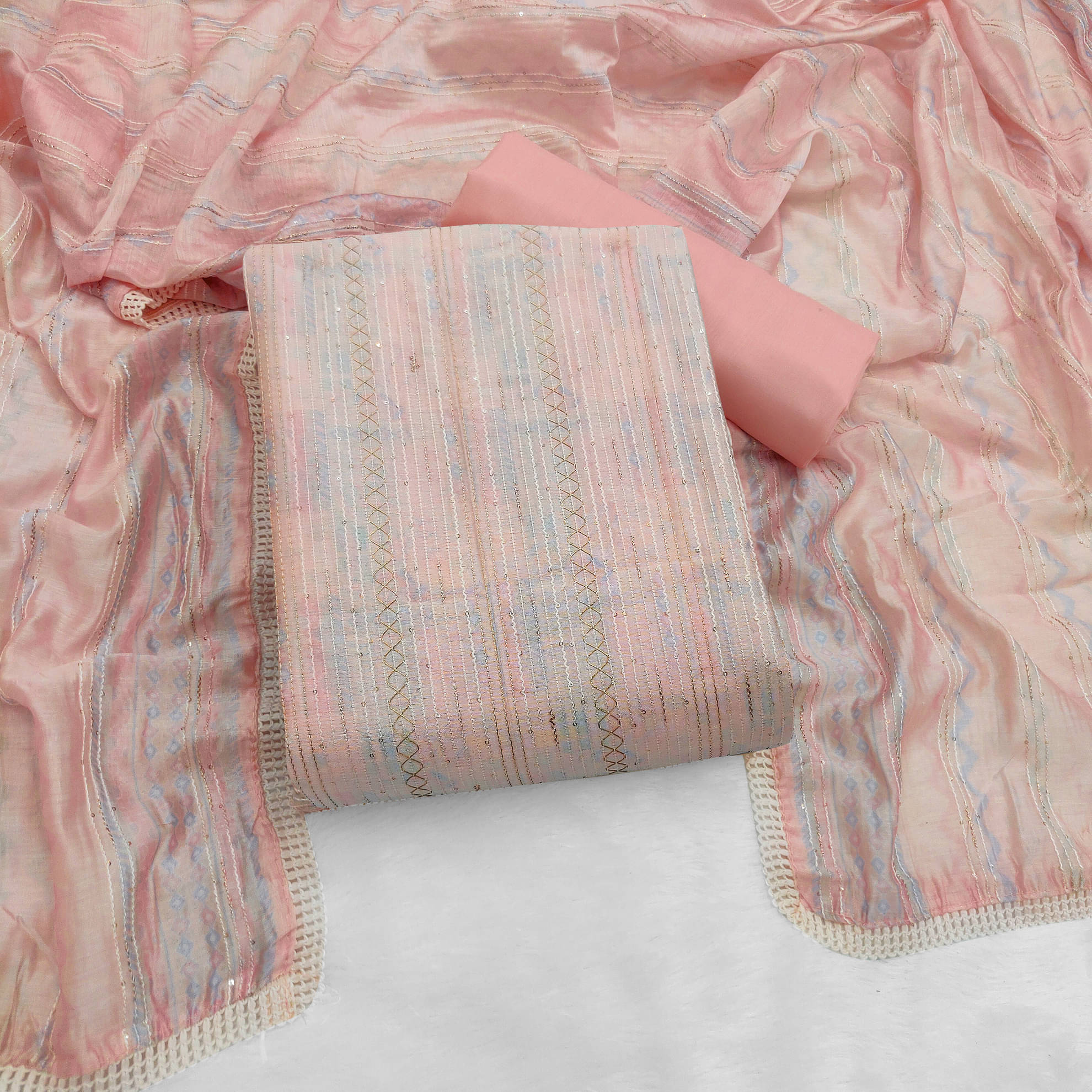     			tavas Unstitched Chanderi Printed Dress Material - Peach ( Pack of 1 )