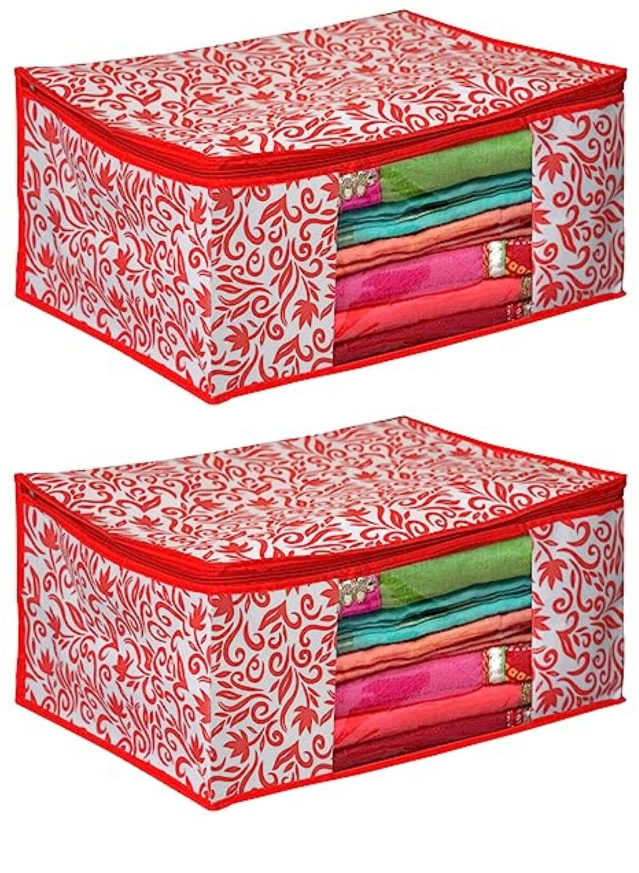 Non-Woven Saree Cover Cloth Storage & Organizer ( Pack of 2 ) Red Multi Saree Cover