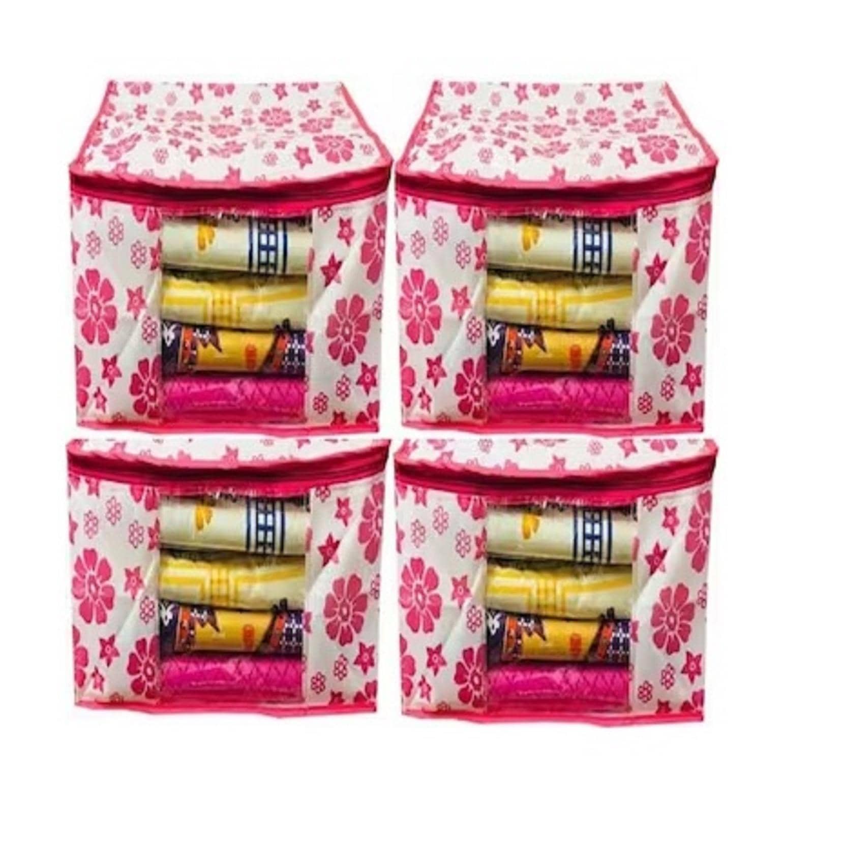 Non-Woven Saree Cover Cloth Storage & Organizer ( Pack of 4 ) Pink Multi Saree Cover