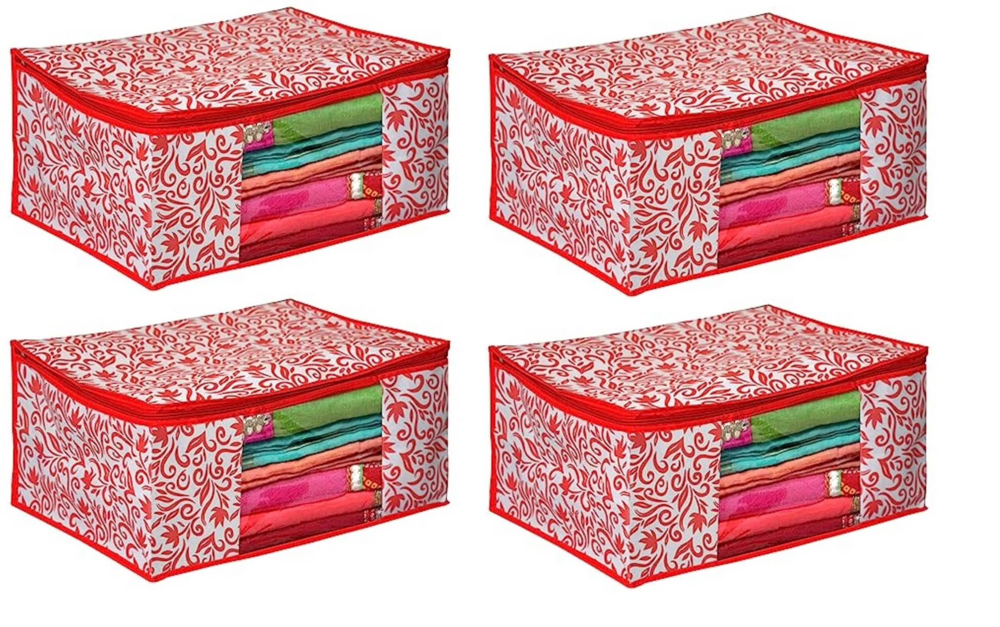 Non-Woven Saree Cover Cloth Storage & Organizer ( Pack of 4 ) Red Multi Saree Cover