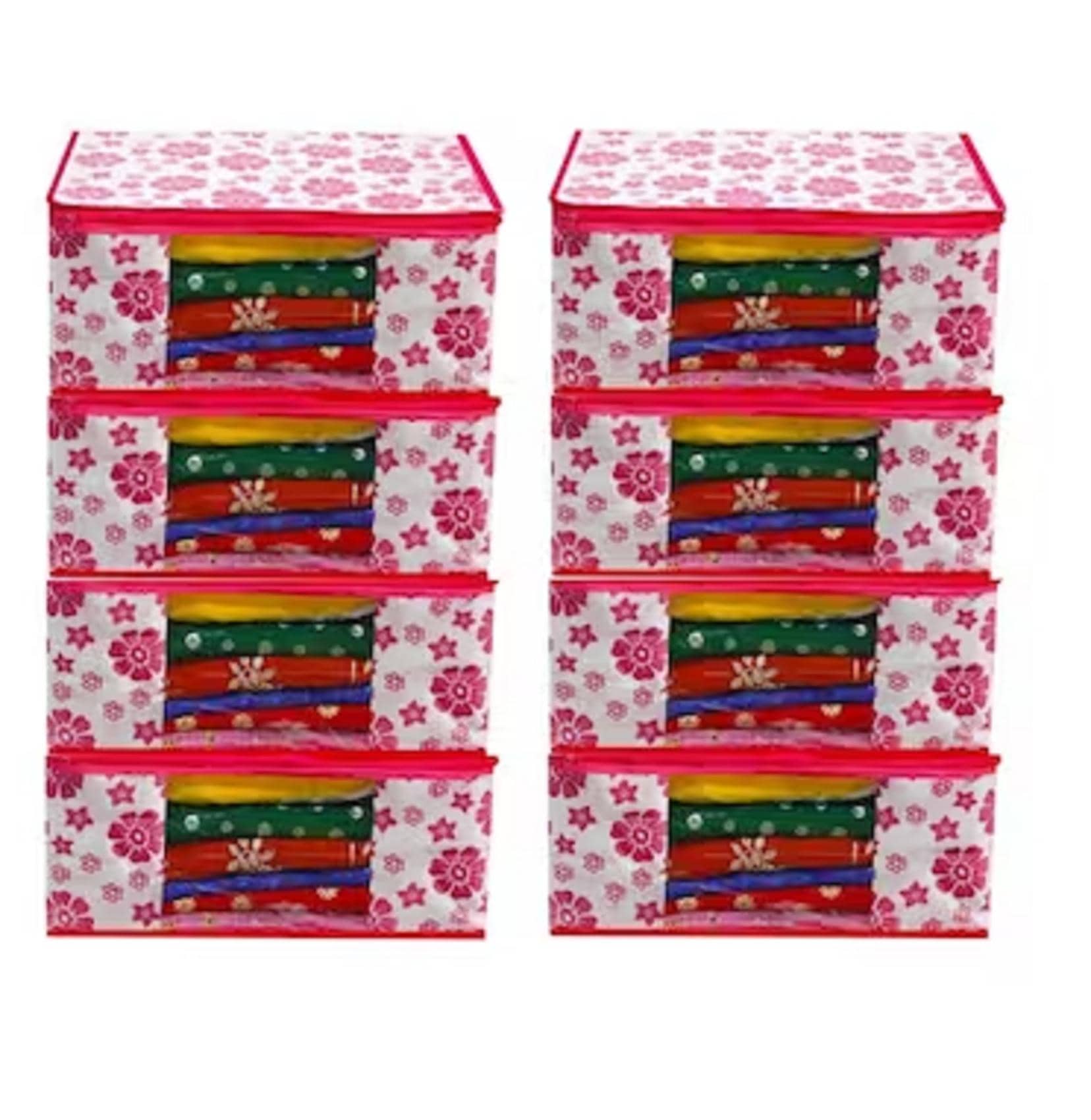 Non-Woven Saree Cover Cloth Storage & Organizer ( Pack of 8 ) Pink Multi Saree Cover