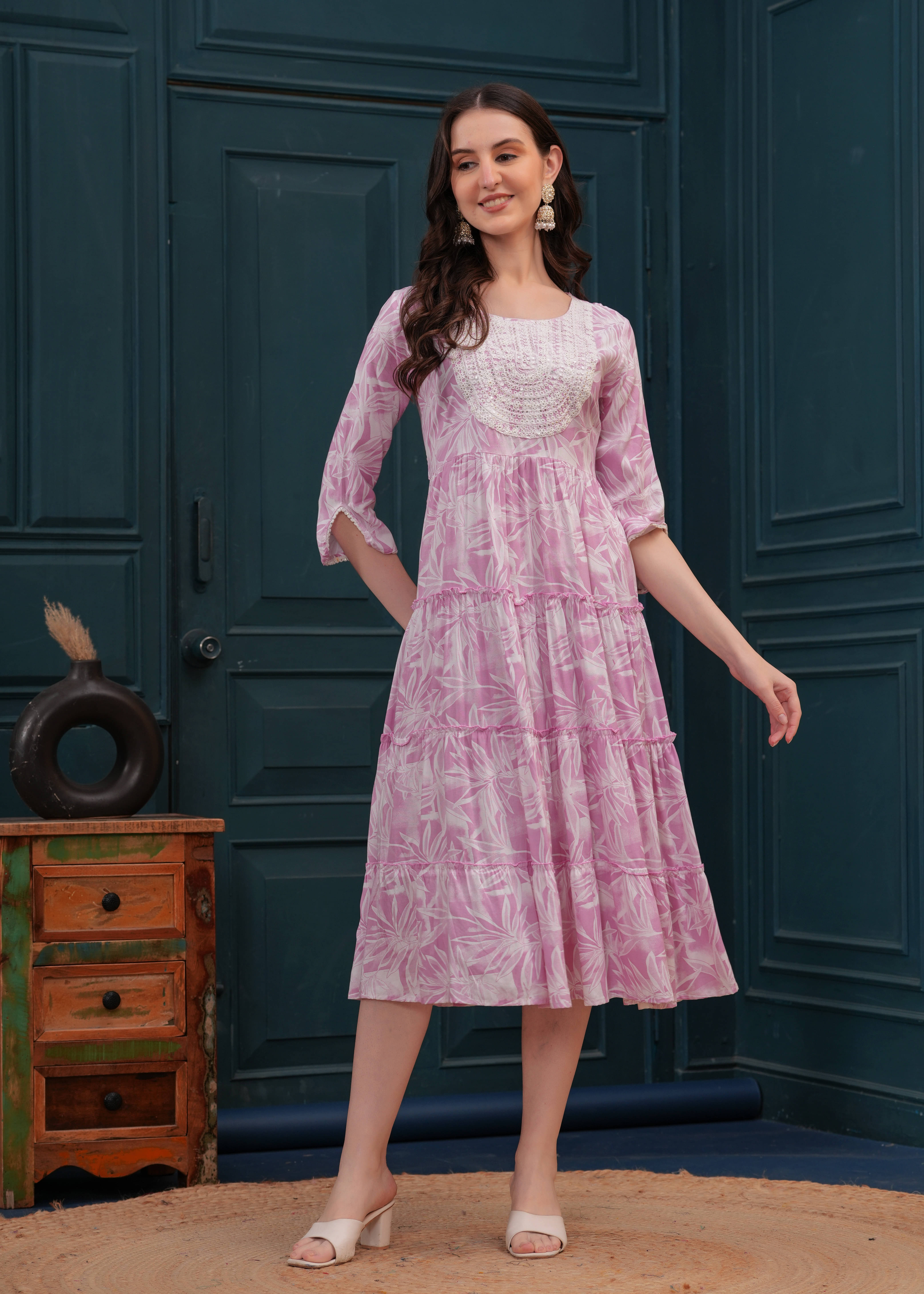 JAI SHIVAM TRADERS Women Cotton Printed Fit & Flare Dress ( Pink ) JAI SHIVAM TRADERS Women Cotton Printed Fit & Flare Dress ( Pink )