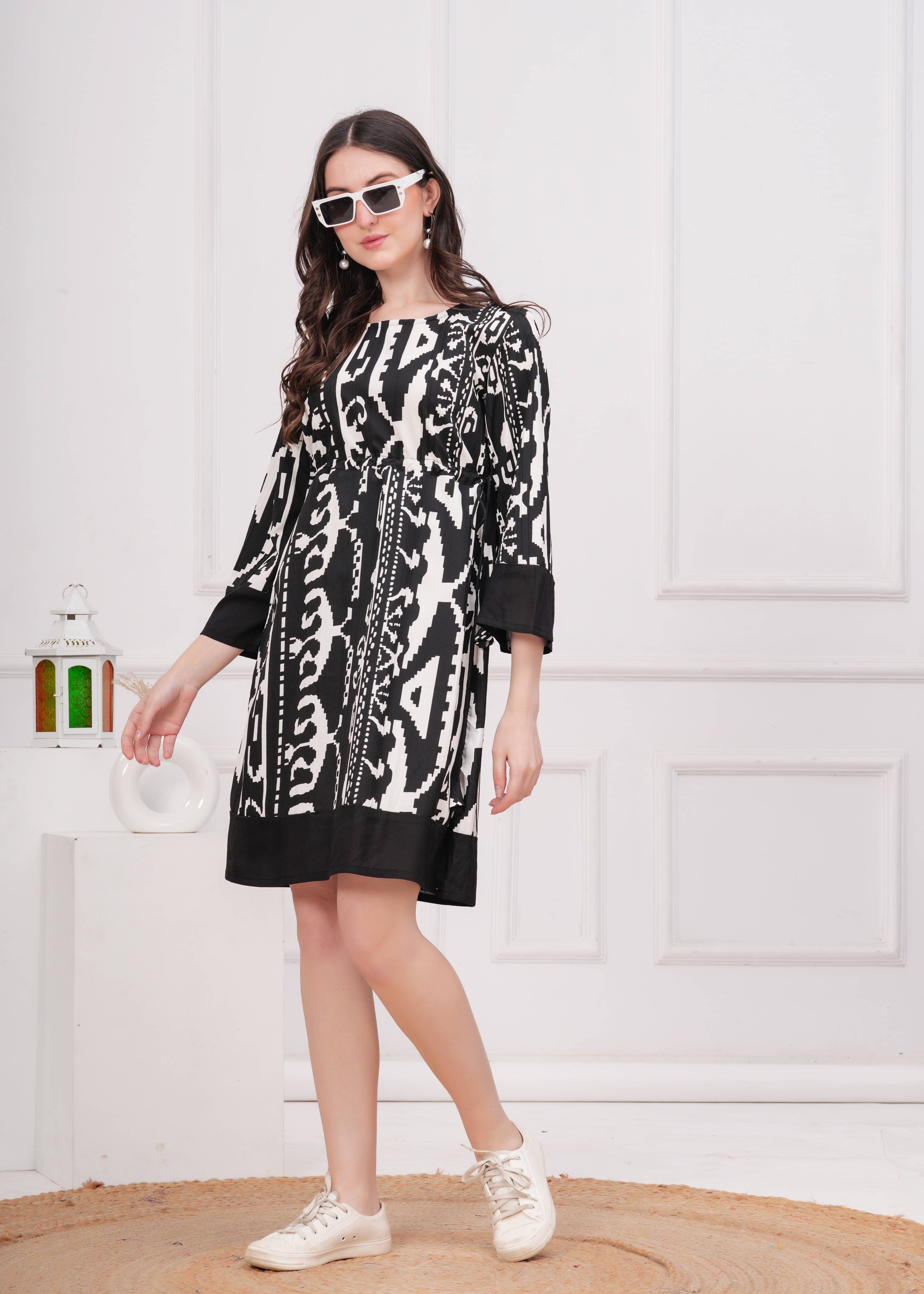 JAI SHIVAM TRADERS Women Viscose Rayon Printed A-line Dress ( Black ) JAI SHIVAM TRADERS Women Viscose Rayon Printed A-line Dress ( Black )