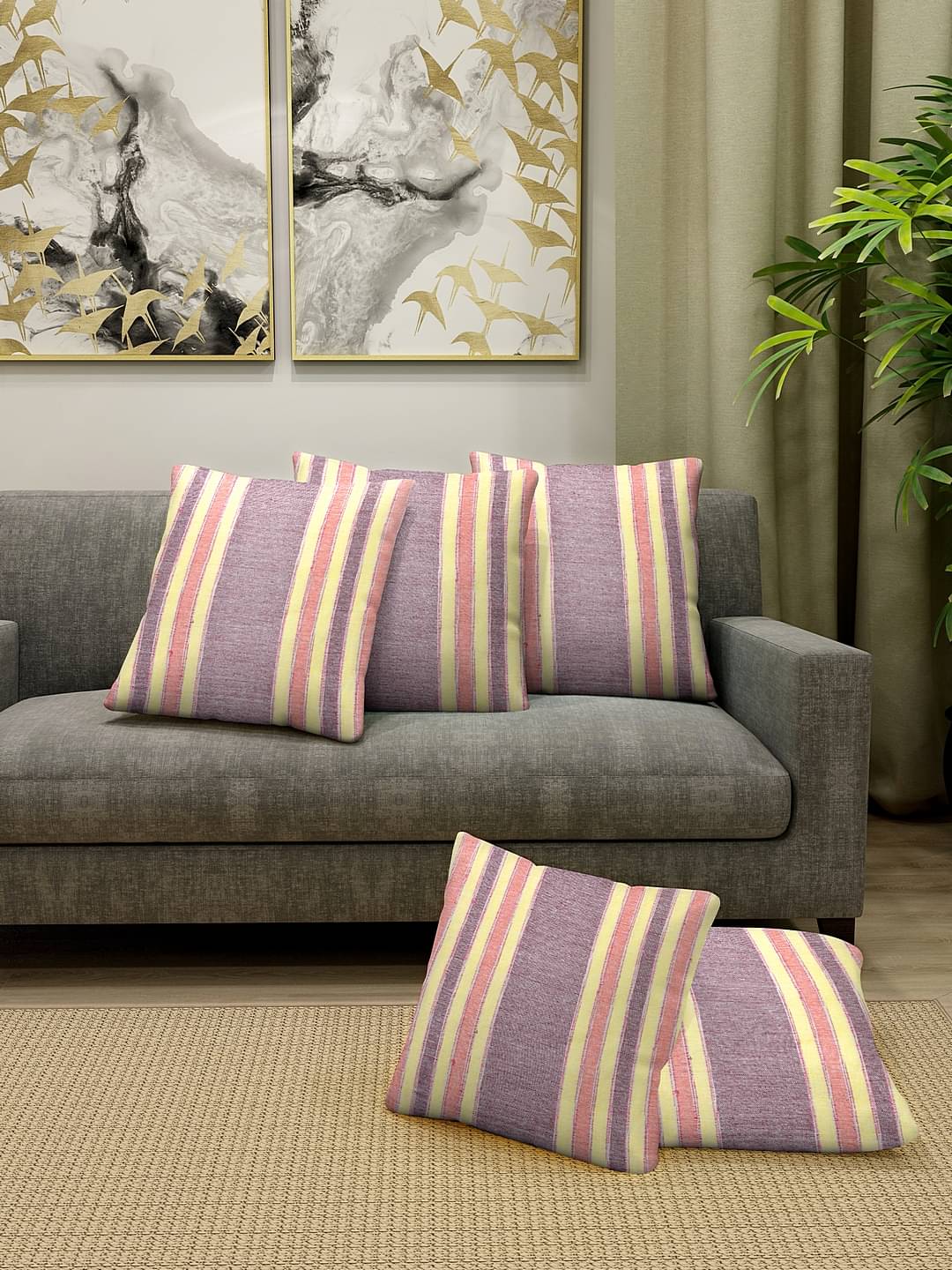 Klotthe Set of 5 Cotton Vertical Striped Square Cushion Cover (35X35)cm - Purple Klotthe Set of 5 Cotton Vertical Striped Square Cushion Cover (35X35)cm - Purple