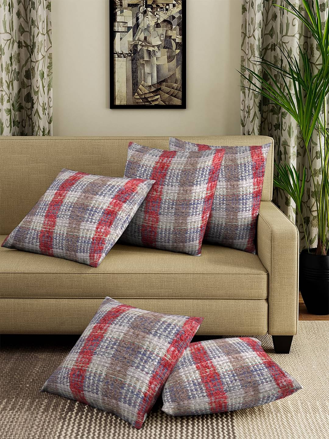 Klotthe Set of 5 Cotton Geometric Square Cushion Cover (40X40)cm - Red Klotthe Set of 5 Cotton Geometric Square Cushion Cover (40X40)cm - Red