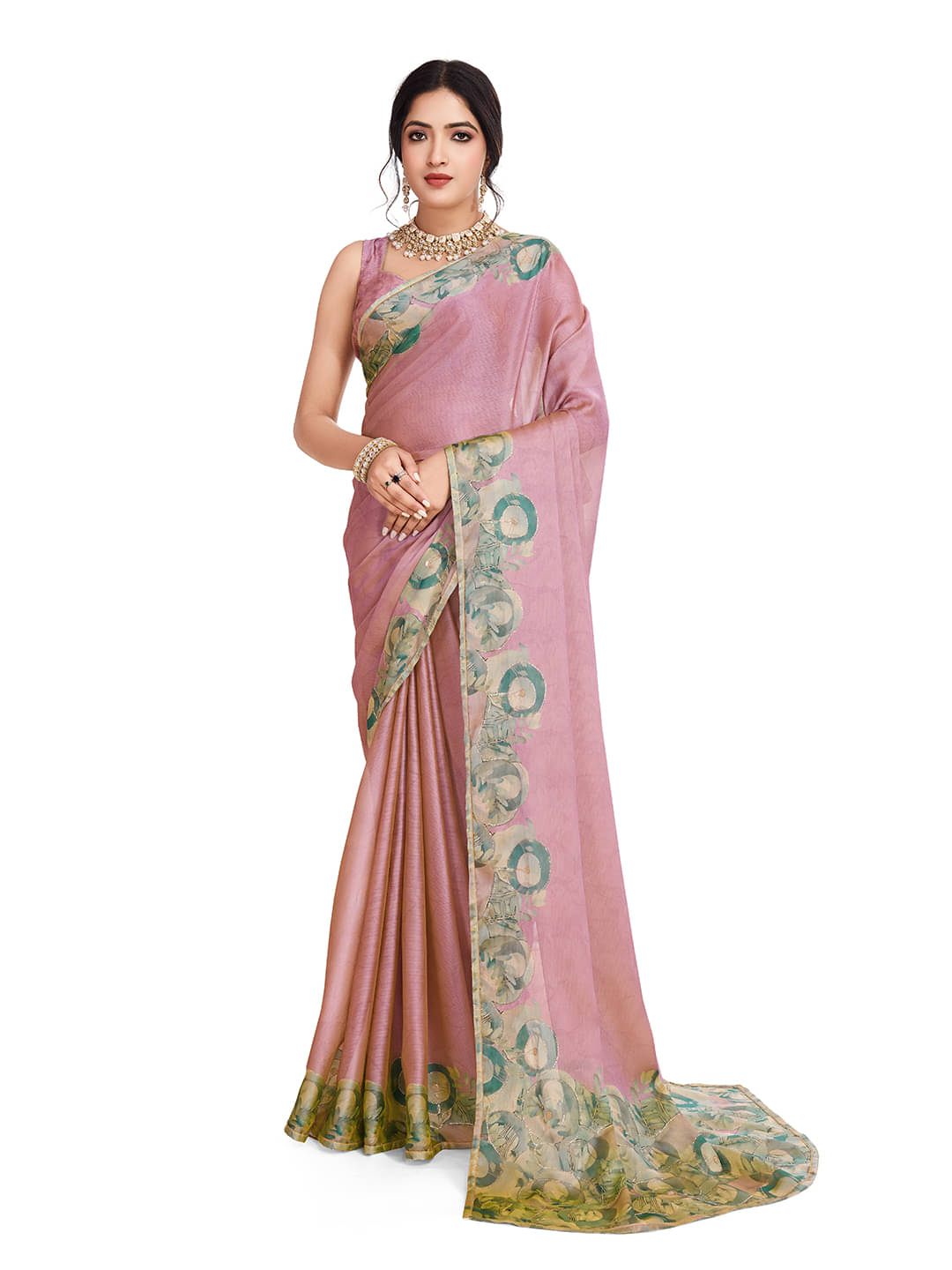RekhaManiyar Chiffon Printed Saree With Unstitched Blouse Piece ( Pink ) RekhaManiyar Chiffon Printed Saree With Unstitched Blouse Piece ( Pink )
