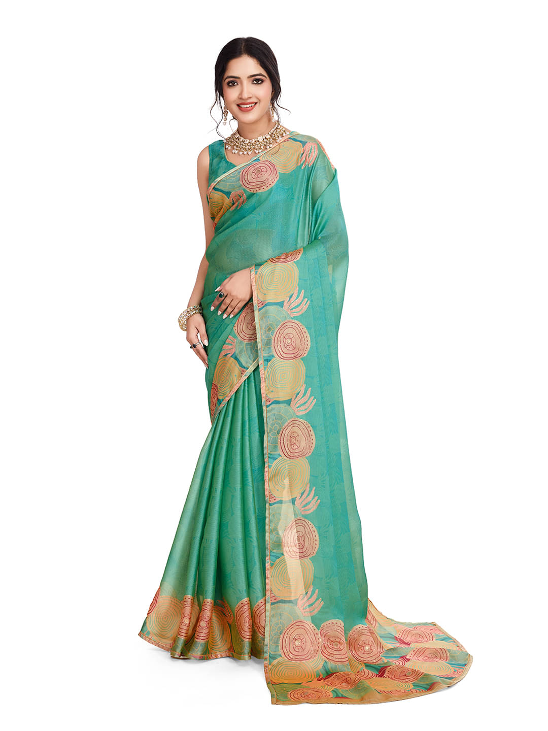 RekhaManiyar Chiffon Printed Saree With Unstitched Blouse Piece ( Light Green ) RekhaManiyar Chiffon Printed Saree With Unstitched Blouse Piece ( Light Green )