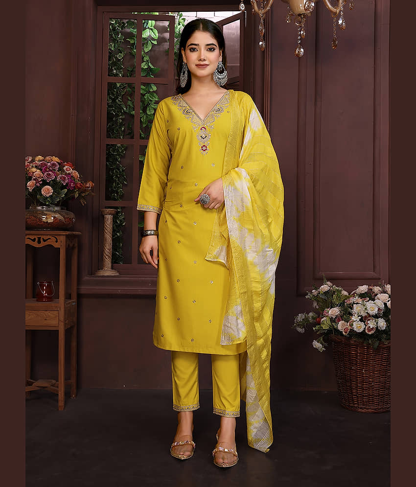 Royal Export Pack of 1 Viscose Embroidered Straight Women's Kurti - ( Yellow ) - Kurtis, Tunics | Buy online on ZillyBuy