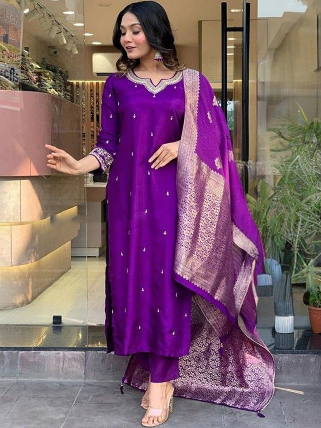     			Royal Export Pack of 1 Chanderi Embroidered Straight Women's Kurti - ( Purple )