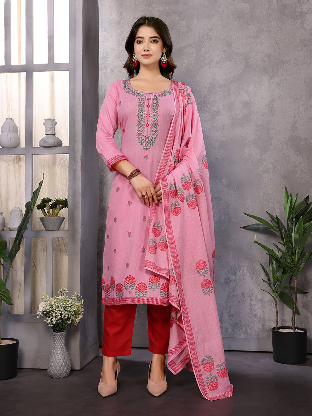    			Royal Export Pack of 1 Cotton Self Design Straight Women's Kurti - ( Pink )