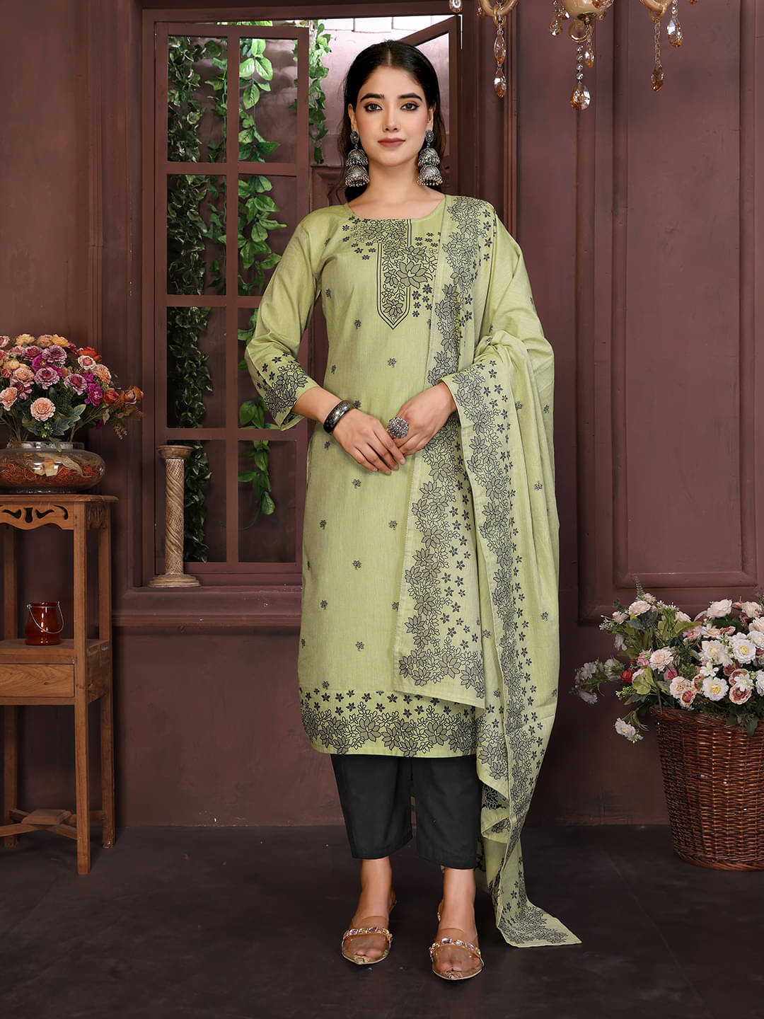     			Royal Export Pack of 1 Cotton Self Design Straight Women's Kurti - ( Olive )