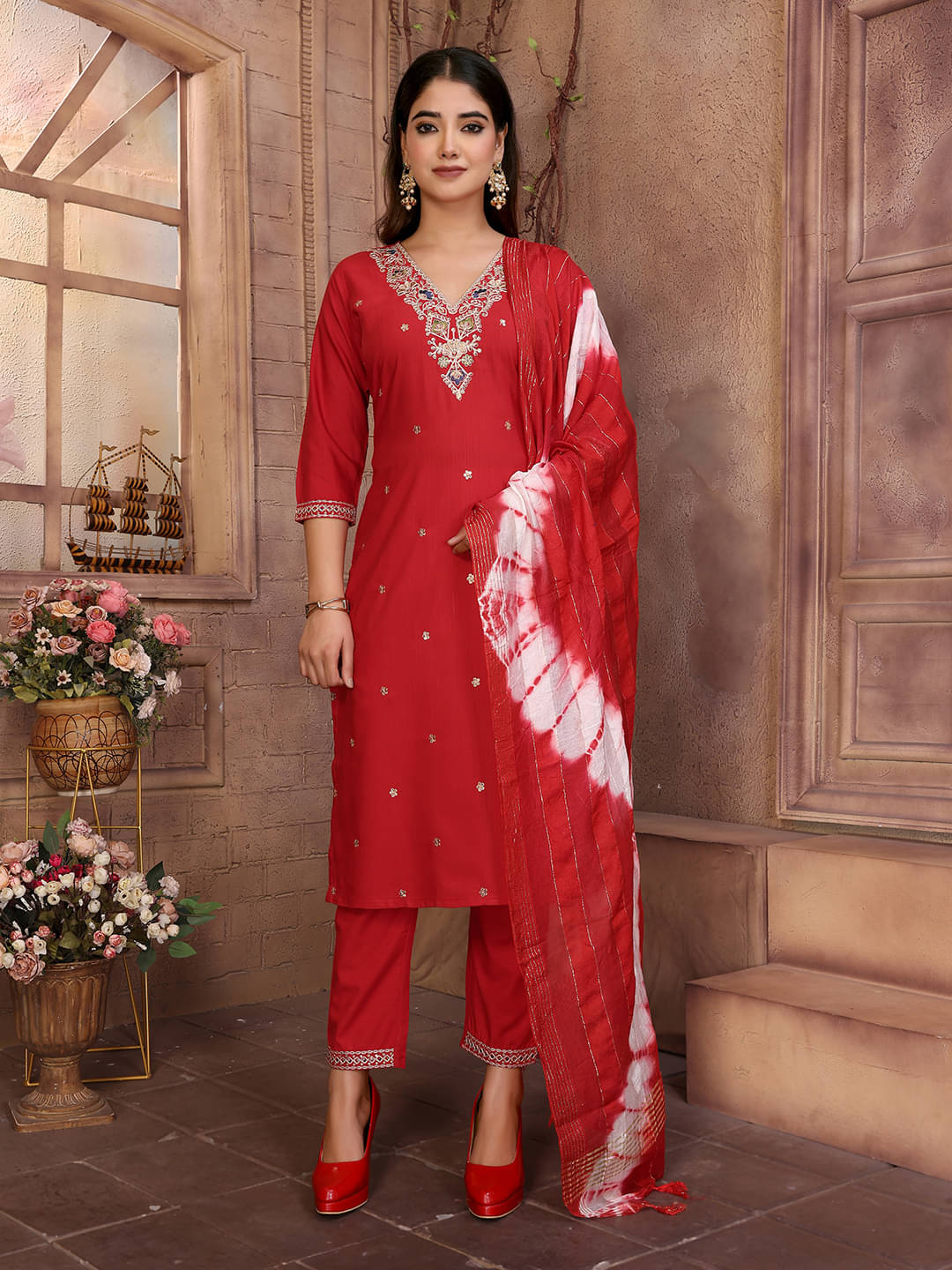     			Royal Export Pack of 1 Viscose Embroidered Straight Women's Kurti - ( Red )