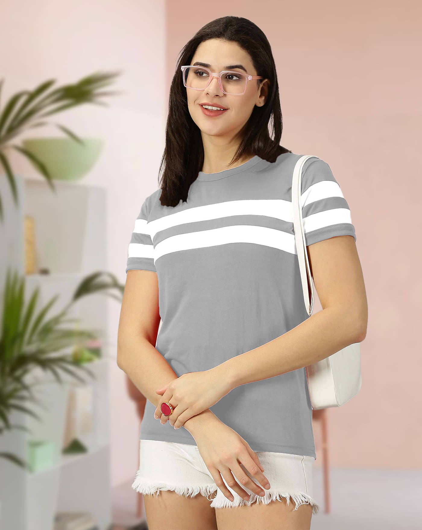 AOOSH Women Cotton Blend Striped Regular Fit Round Neck T-Shirt ( Grey ) AOOSH Women Cotton Blend Striped Regular Fit Round Neck T-Shirt ( Grey )