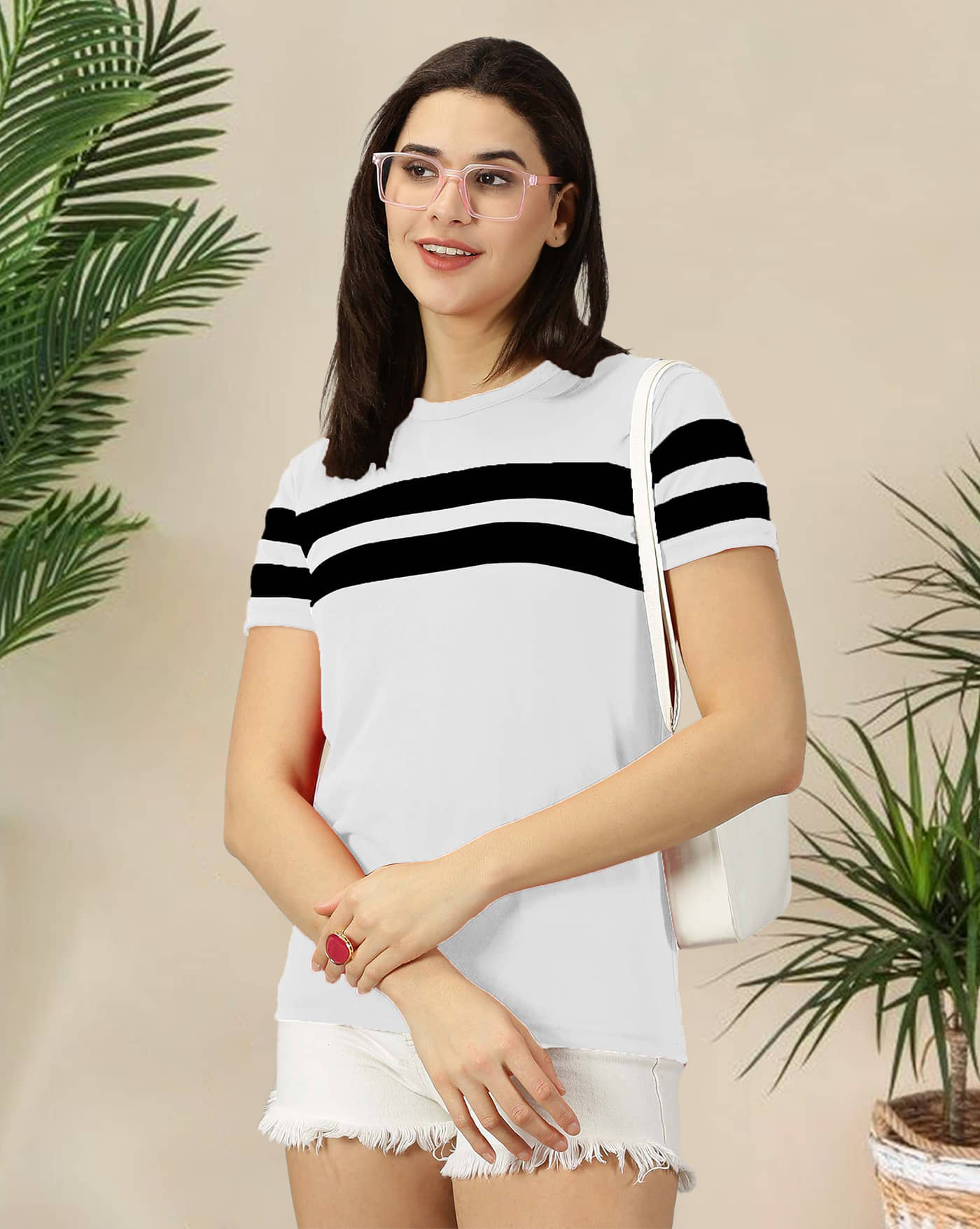 AOOSH Women Cotton Blend Striped Regular Fit Round Neck T-Shirt ( Green )