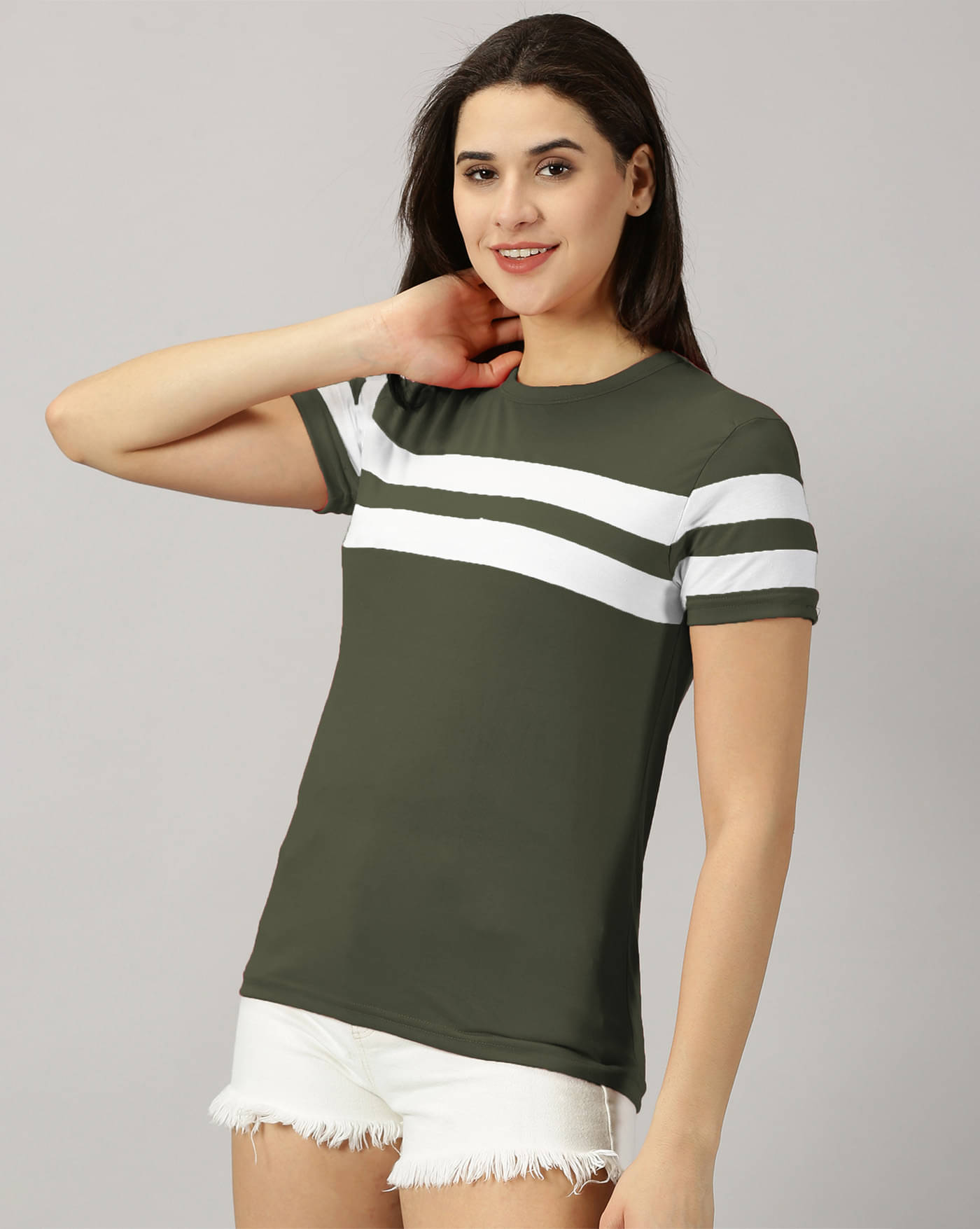AOOSH Women Cotton Blend Striped Regular Fit Round Neck T-Shirt ( Green ) AOOSH Women Cotton Blend Striped Regular Fit Round Neck T-Shirt ( Green )